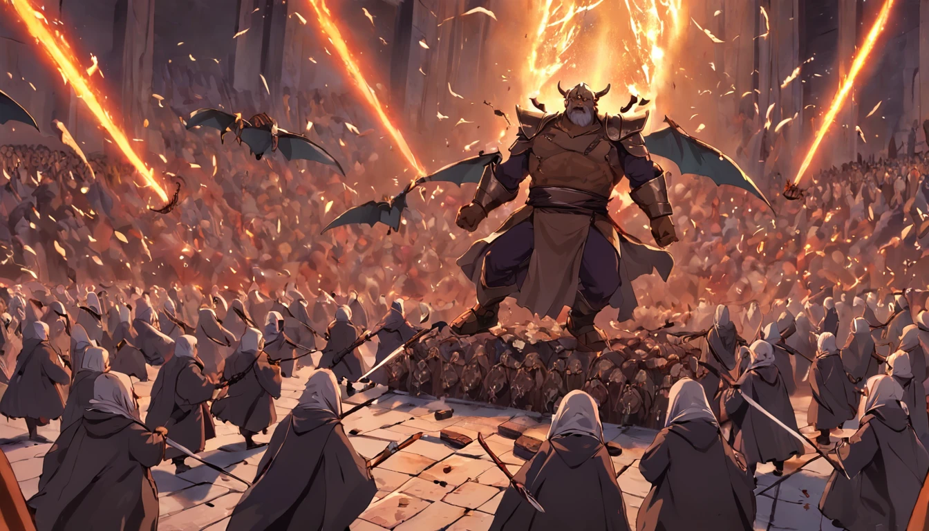 100 Nunjas fight against 100 dwarves from The Lord of the Ring In the background is a Gragon flying