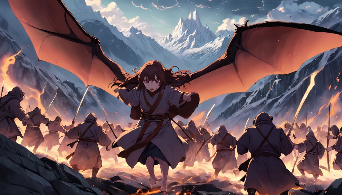 100 Nunjas fight against 100 dwarves from The Lord of the Ring In the background is a Gragon flying