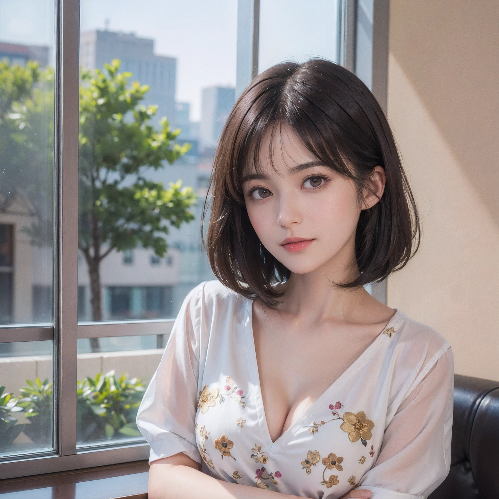(Masterpiece:1.3), (8K picture quality), Photorealsitic, Raw photo, (Best Quality: 1.4), (1womanl), Pretty Face, (Realistic face), (A dark-haired, Short hair:1.3), Beautiful hairstyle, Realistic eyes, Detailed fine eyes, (Realistic skin), Beautiful skin, ((Breast-breast)), Absurd, Attractive, Ultra-detailed resolution, the golden ratio, Very detailed, depth of fields, By the window of the café, A slight smil, Floral clothing