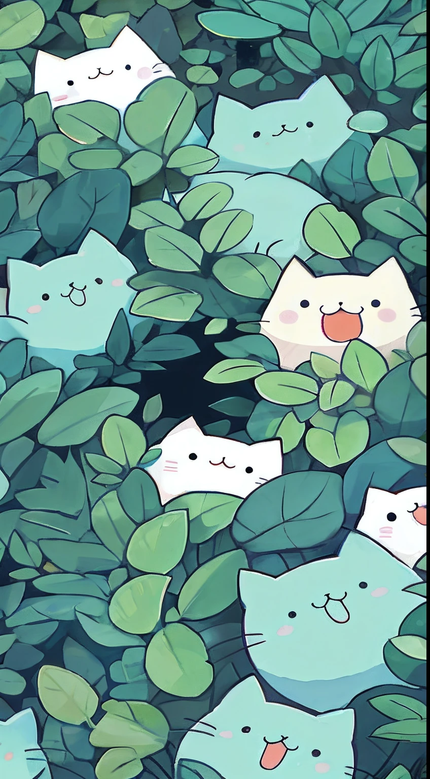 There are a lot of cats hiding in the leaves, cats and plants, Cute cats, Kawaii cat, Pink big breasts,Cute detailed digital art, anime visual of a cute cat, cat in the forest, Cats! are around, adorable digital art, cute detailed artwork, catscatscats, cute artwork, anime cat, Lofi art, cute illustration, planet of cats,