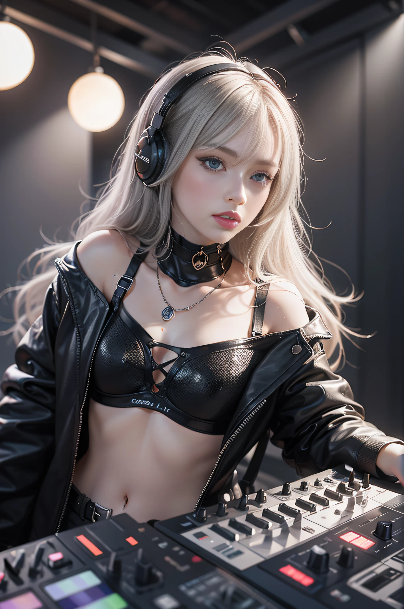 Authentic photography,Great handsome works,It's a real picture,clear picture quality,8K分辨率,8K HD CG works,Ultra-clear, high-detail, ultra-fine picture,High-grade, clear and detailed work,Detailed CG image quality:1.1,Super high resolution large files,Advanced pixels,Advanced detailed details,Super technical clarity detail:1.1,Authentic photography,Indoor lighting effects,Natural dimming effect,Light effect(Simulate lighting effects:1.1)A woman on a saucer,A female DJ,Goddess of electronic sound,Long-haired sister,Long silver hair,Long silver hair,Ultra-fine hair,Clear strands of hair(Super hair details:1.5),Has crimson pupils,A pair of big hooking eyes,Delicate eyelash makeup, Thin eyebrows, Super detailed eyes,lips in red,Sexy big red lips, rosycheeks, Delicate makeup for the face , Pretty face, a face with perfect proportion,(Advanced facial details:1.1),choker necklace,耳Nipple Ring,Bracelet,waist chains,Red headset,Wear leather black shorts,Leather shorts,White sexy lingerie with black jacket,Pointed-toe heels,Small tattoo on the side of the navel,Solo,Playing on the nightclub stage,DJing on stage,Nightclub style,DJ playing,Electric DJ series,Black and white series,Format picture,Mature series works,Authentic photography,album covers,真实感,Amazing