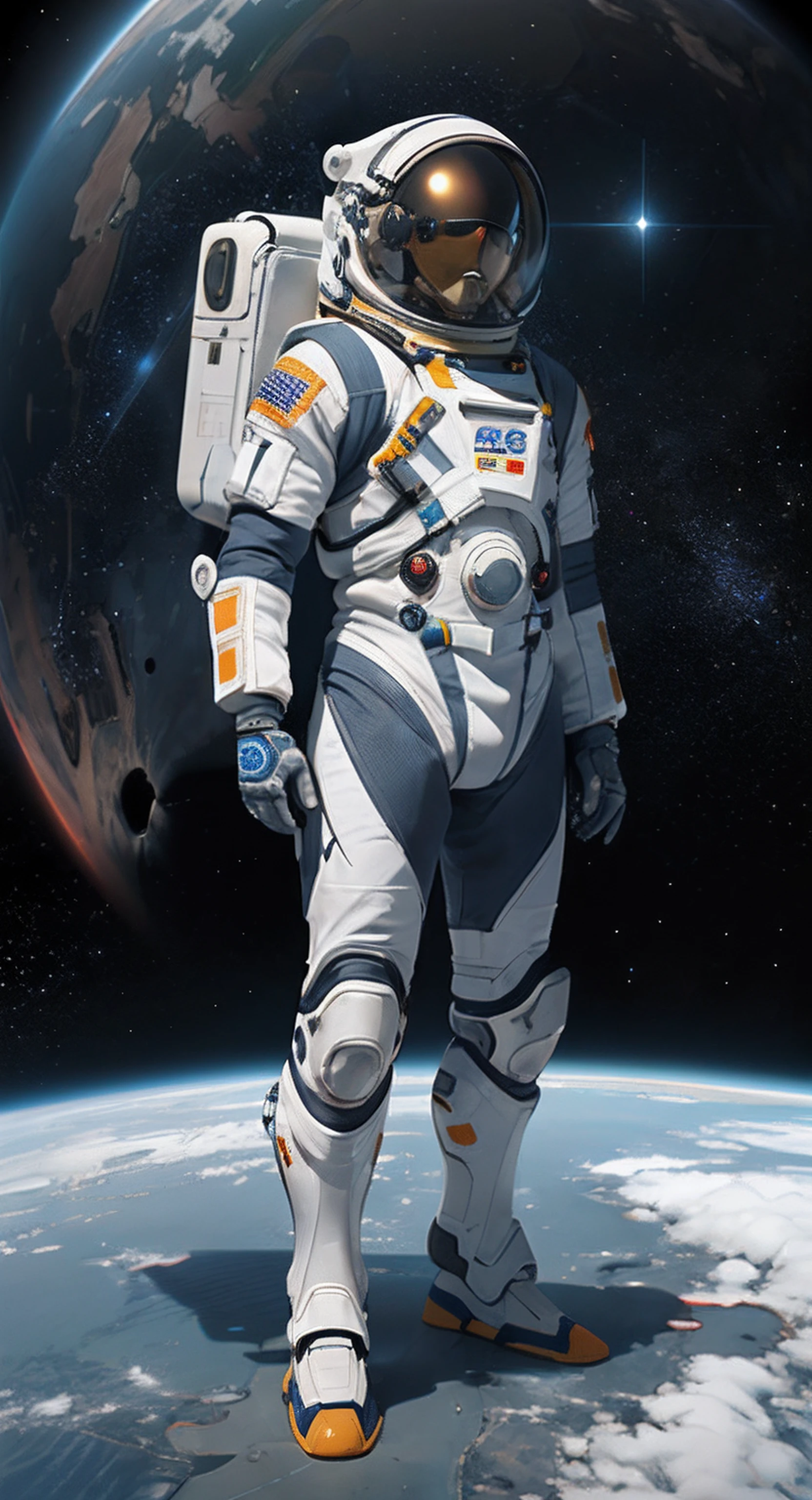 white backgrounid,Alfield astronaut station in a spacesuit, White spacesuit,A small amount of black,Orange decorative stripes,interstellar space suit, modern spacesuit, futuristic spacesuit, Space pressurized suit, fully space suited, detailed space suit, Spacesuit, Sci-fi spacesuit, science fiction suit, silver space suit, space suit, dusty space suit, spacesuit with small led lights, NASA Eva suit,Amazing.atmosphere,Epic,。.。.3D,8K, Masterpiece,Best quality,Look up, Wearing mecha network armor, ferra white mecha, mechs, mechanized valkyrie, cyborg people, Armour,Wearing sci-fi military armor,sci-fy,White futuristic armor,Gorgeous paladin,Mechanized soldiers
