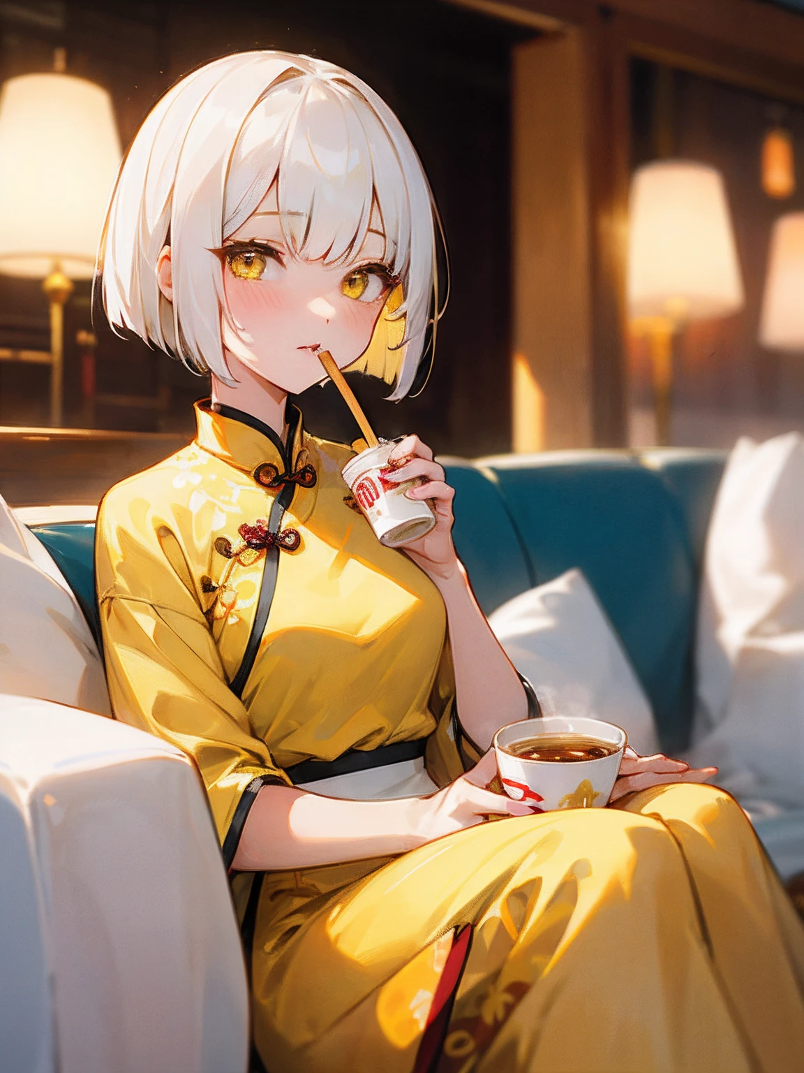 【Top image quality】女の子1人 (mature:1.4) 130mm F1.4 Lenses 1 Girl Pale Yellow Eyes Yellow Parker Cheongsam Hair Color Milk Tea Two Side Up Bob Hair Eyes