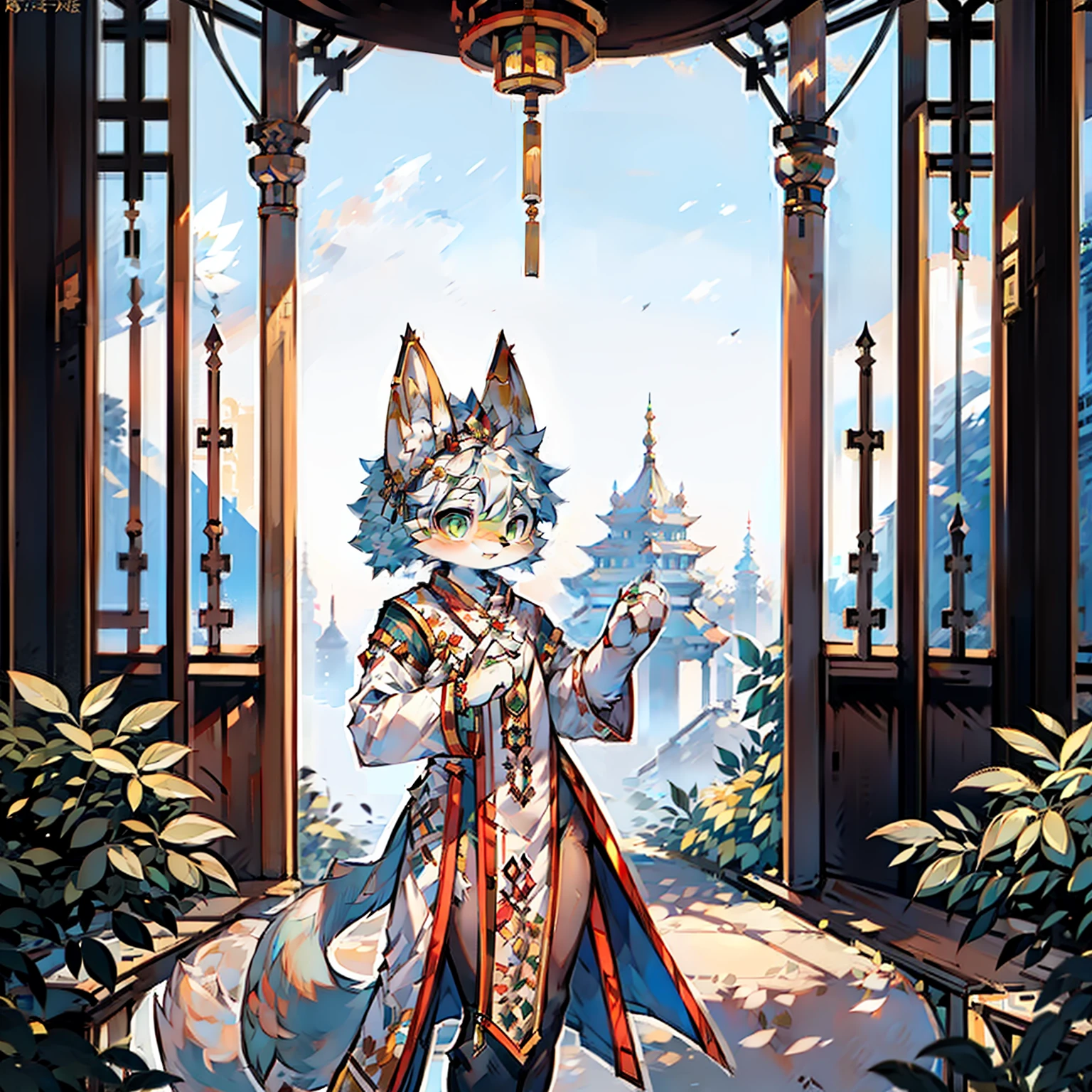 girl fox,green-eyed,White color hair,Yellow fur,Traditional Chinese clothing,palaces,Princess