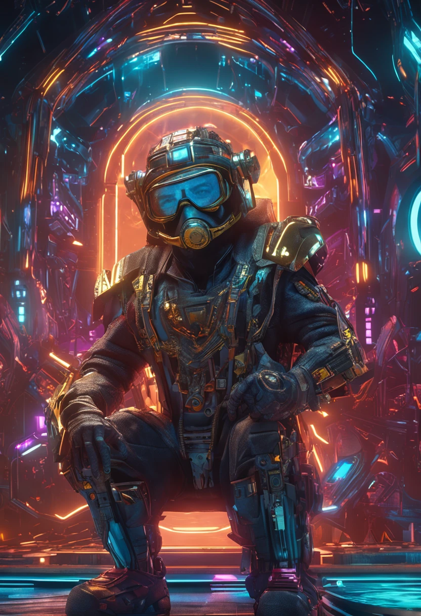 Hyperrealistic, illusory engine, 。.3D, Cyberpunk meta-dwarf wearing high-tech VR goggles, Cybernetic beard. Holding a sci-fi gold mine pickaxe, In the holographic hyperspace metaverse 50mm ,Ray tracing,