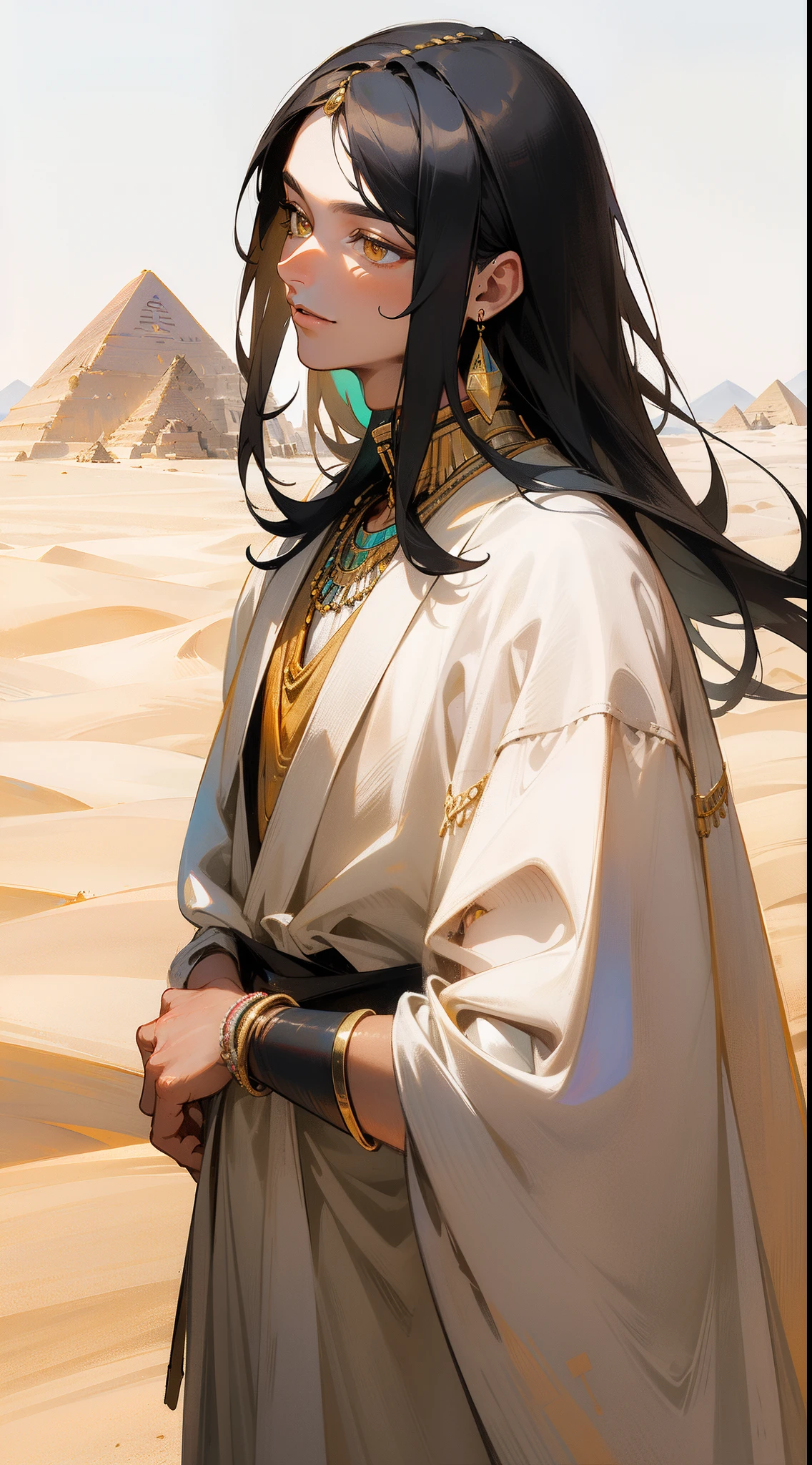 focus face, looking up, look at the viewers, realistic, masterpiece, best quality, colorful,(finely detailed beautiful eyes and detailed face), delicated smile, happy eyes, nature lighting, extremely detailed CG unity 8k wallpaper, 1boy, tall muscular guy, Clothes: white robe with colorful jewelry fill around shoulders. Accessories: necklace, earrings, bracelet. Appearance: long black hair, light colored pupils, yellow eyes, Tan skin, Head tilted slightly to one side, flying bangs, handsome, background: desert, pyramid, sand, sun, morning. ancient Egypt style, Egypt, mature man