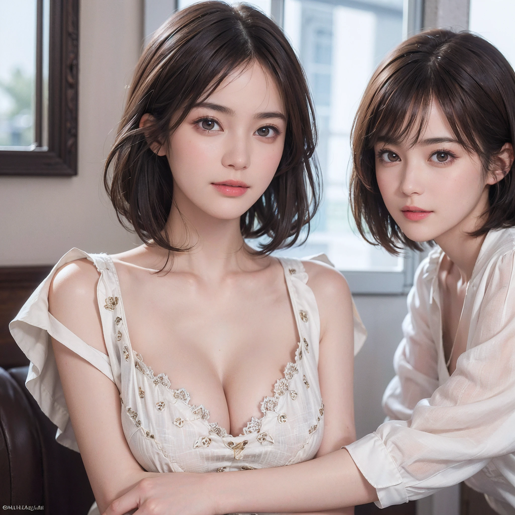 (Masterpiece:1.3), (8K picture quality), Photorealsitic, Raw photo,  (Best Quality: 1.4), (1womanl), Pretty Face, (Realistic face), (A dark-haired, Short hair:1.3), Beautiful hairstyle, Realistic eyes, Detailed fine eyes, (Realistic skin), Beautiful skin, ((Breast-breast)), Absurd, Attractive, Ultra-detailed resolution, the golden ratio, Very detailed, depth of fields, By the window of the café, A slight smil, Floral clothing