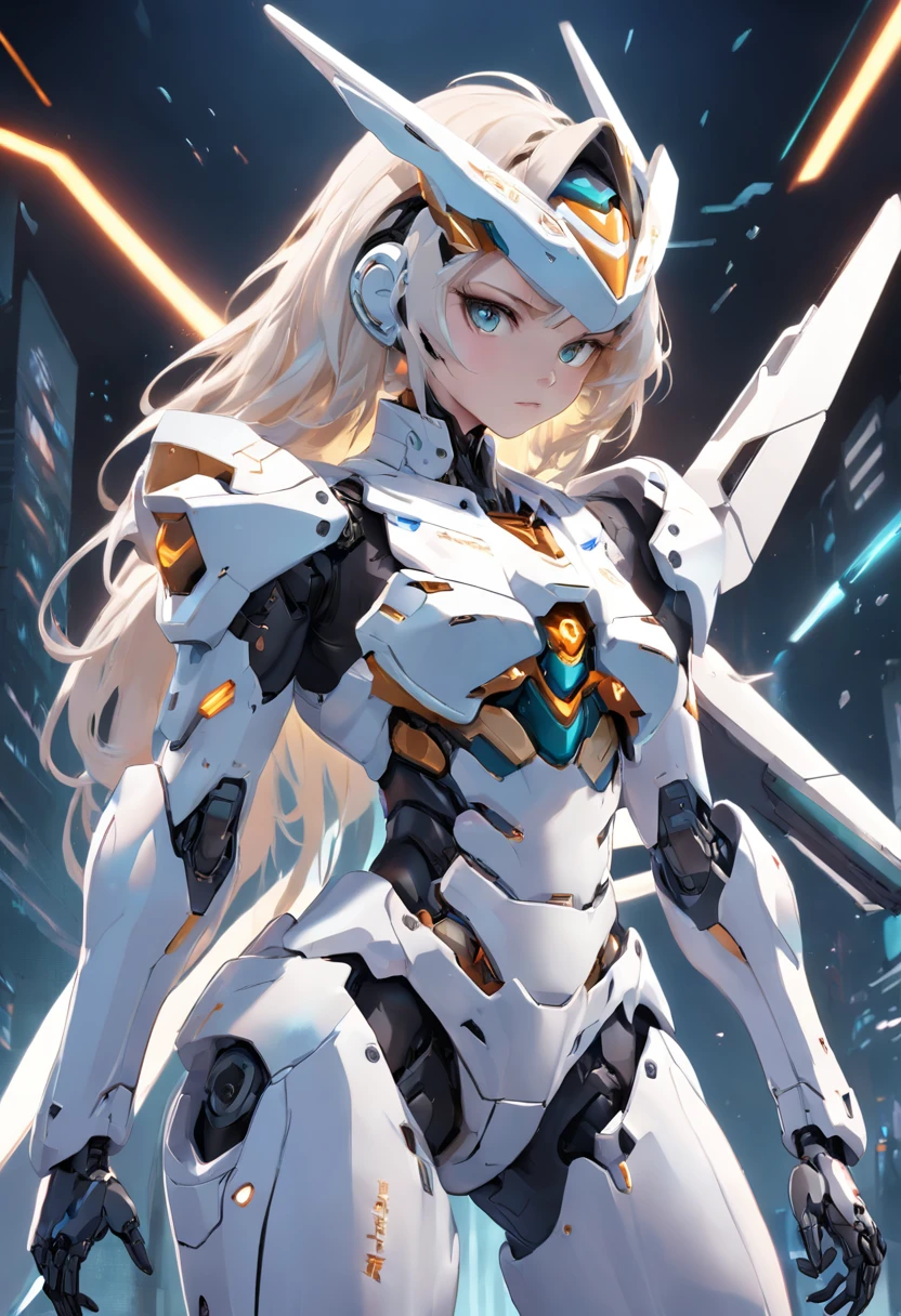 A close-up of a person in a suit with a sword, female mecha, raiden metal gear, ferra white mecha, girl in mecha cyber armor, High quality digital concept art, epic sci-fi character art, epic scifi character art, Mechanized Valkyrie girl, ethereal and mecha theme, anime mecha aesthetic