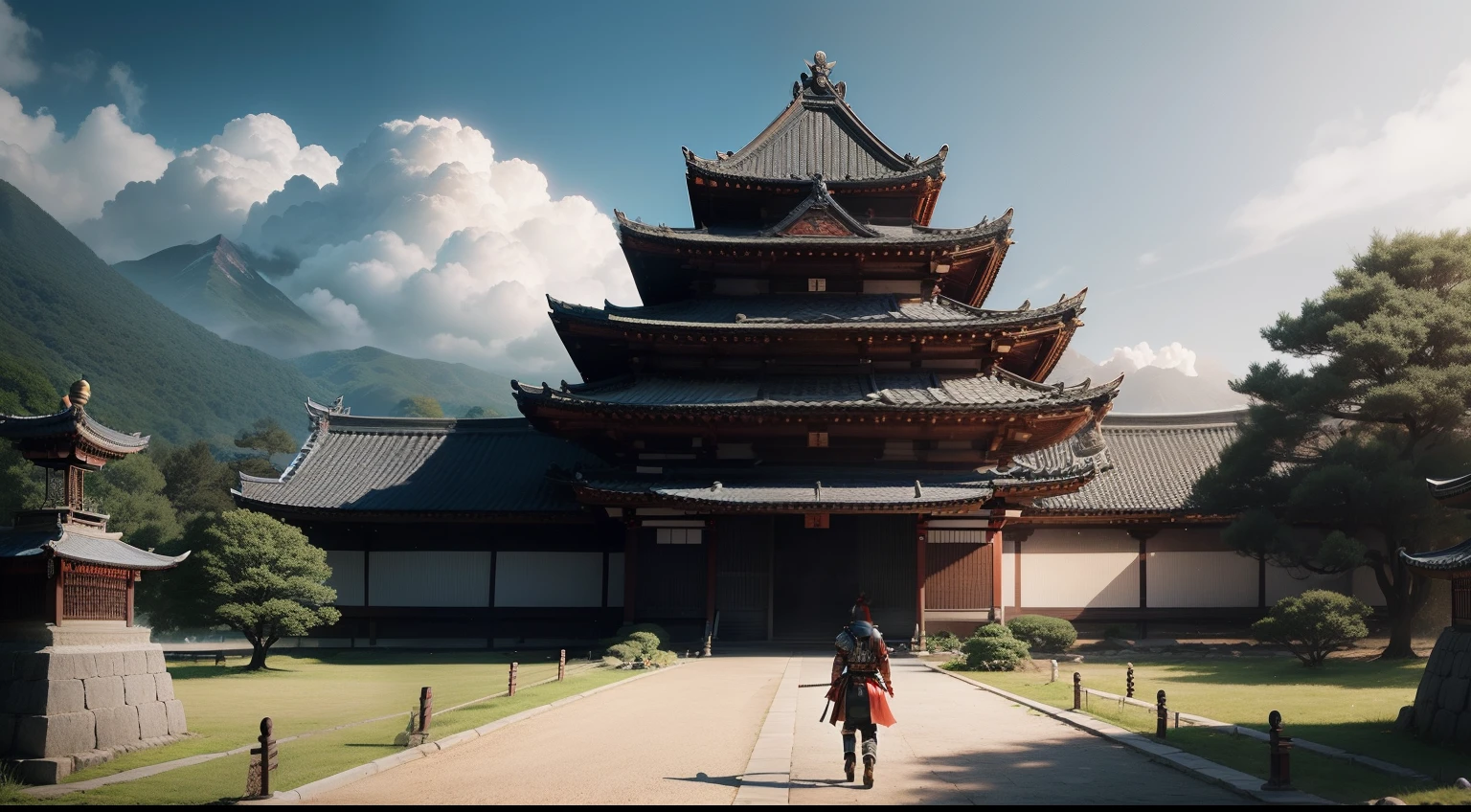 create a realistic image of a samurai arriving at a castle