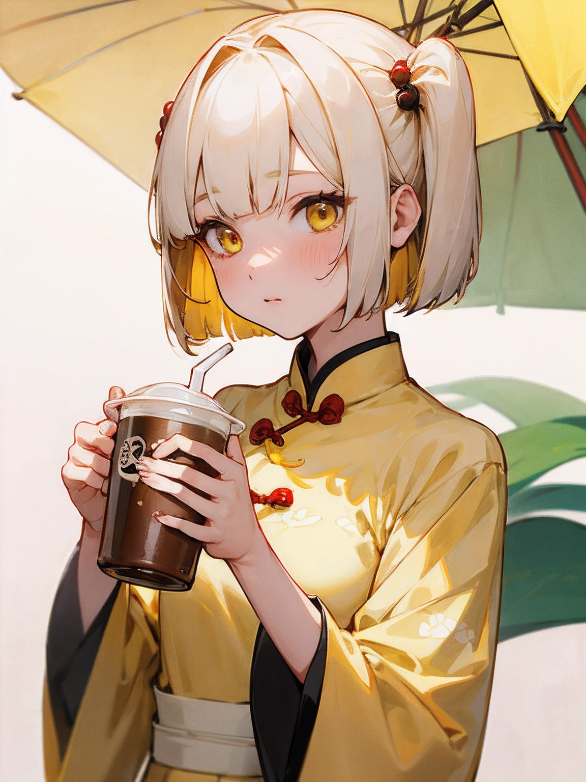 【Top image quality】女の子1人 (mature:1.4) 130mm F1.4 Lenses 1 Girl Pale Yellow Eyes Yellow Parker Cheongsam Hair Color Milk Tea Two Side Up Bob Hair Eyes