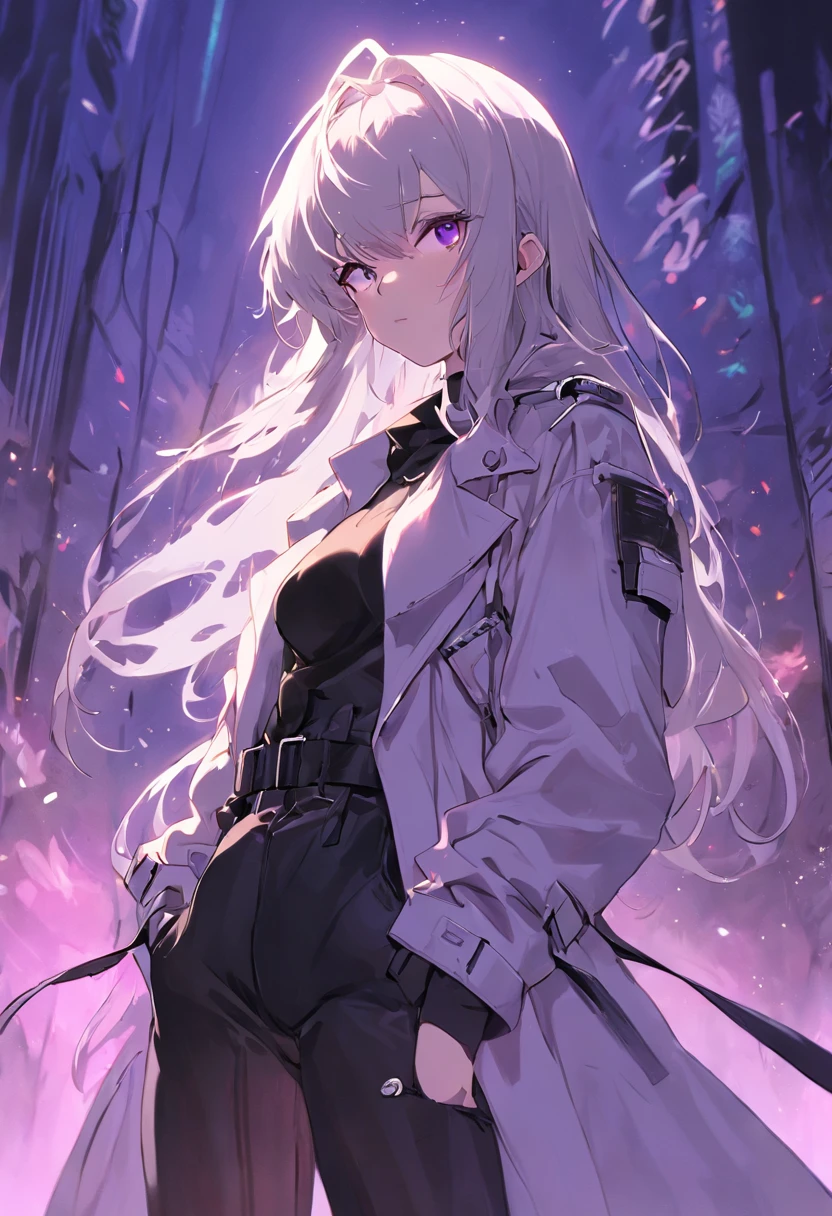 Two-dimensional woman,Long white silky hair,Bright purple pupils,White trench coat with black hard vest armor,A tactical belt hangs a black pocket,Black slim trousers with leggings,A pair of black tactical high-top boots