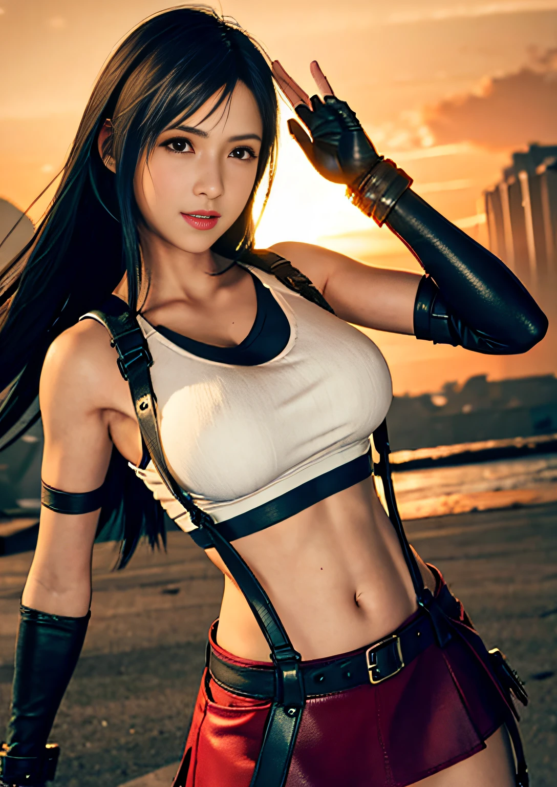 (Photorealistic: 1.4), top quality, very delicate and beautiful, high resolution, 1girl, tifa_lockhart, smile, cowboy shot, suspenders, low rise, mini skirt, tank top, tense shirt, black hair, long hair, elbow gloves, beautiful detailed red eyes, face light, movie lighting, navel, high exposure, abdomen exposure, ribs, abs, ( gigantic breasts: 1.2), dynamic poses, dynamic angles,