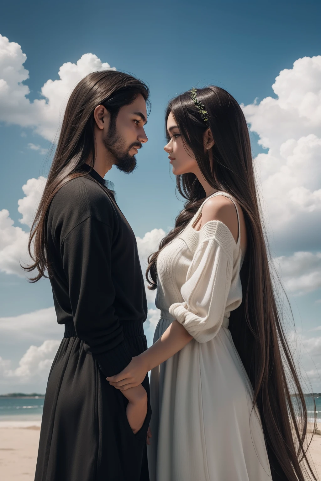 Close view of Couple looking each other,girl with full neck dress and long hair, boy with sweater and trimmed hair, lite clouds and greenery as background