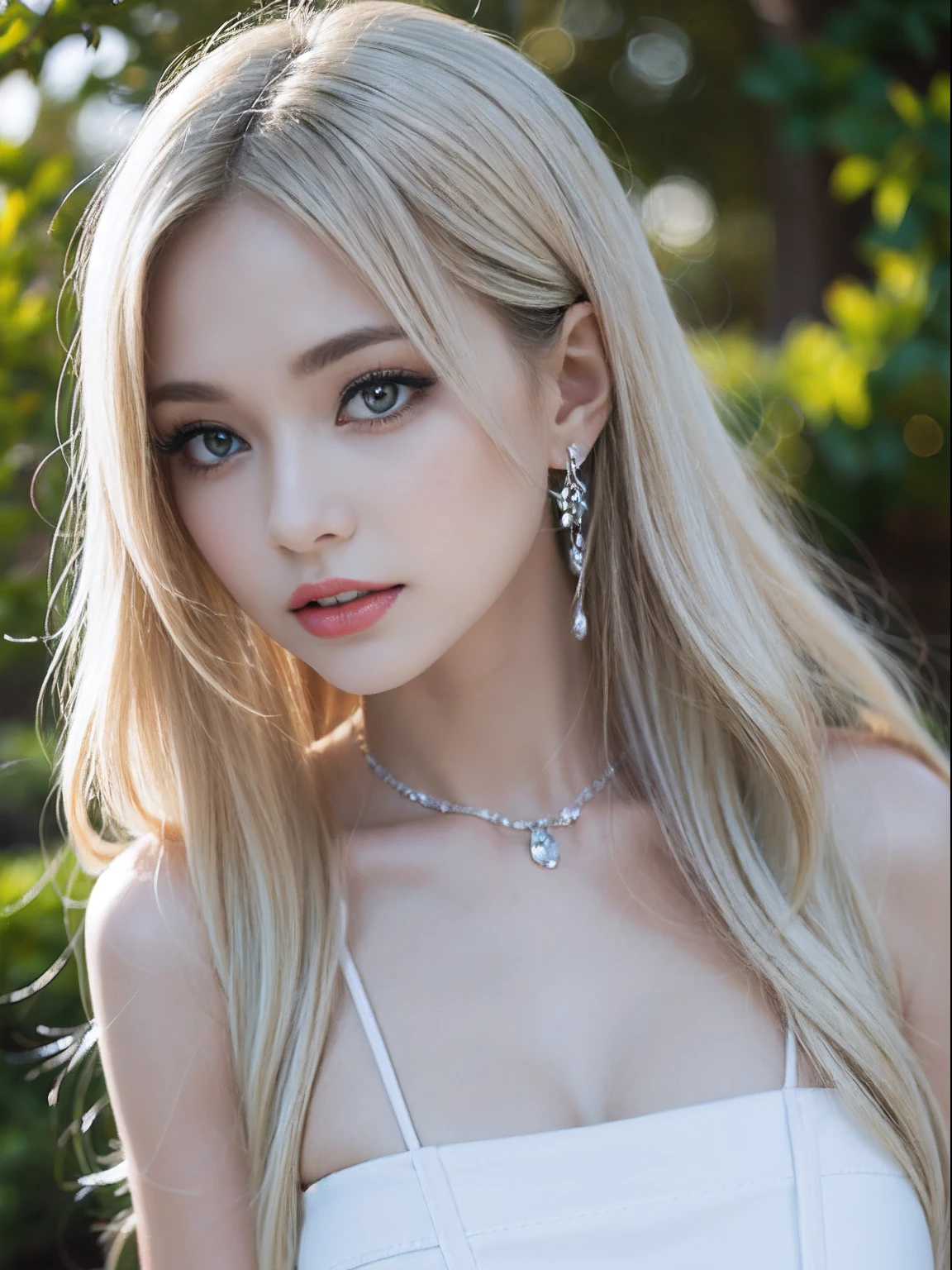 8K, masutepiece, Raw photo, Best Quality, Photorealistic, Highly detailed CG Unity 8k wallpaper, depth of fields, Cinematic Light, Lens Flare, Ray tracing, (Extremely beautiful face, Beautiful lips, Beautiful eyes), intricate detail face, ((Ultra detailed skin)) 1girl in, In the Dark, deepshadow, Cute s, ((Looking at Viewer)), (seducting smile), (Blurry background), earrings, Bracelets, Necklace, Clear eyes, Front shot, (pale skin), Face forward, (Big eyes), ((upperbody shot)), (Camel toe), White hair、brue eyes、white colors、Winters、Green Tree々、Sunshine