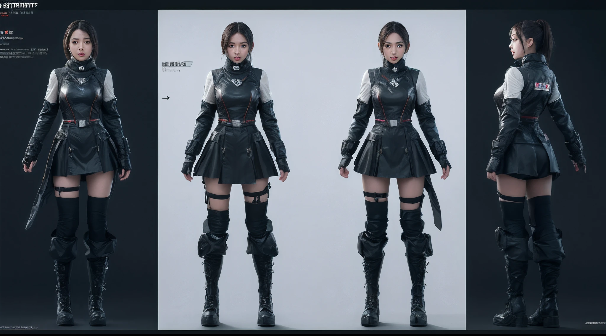 character chart, reference sheet, multiple views, move chart, award winning，character design，juesesheji，3D, A beautiful cyberpunk female image,battledress，hdr（HighDynamicRange）,Ray traching,NVIDIA RTX,Hyper-Resolution,Unreal 5,Subsurface scattering、PBR Texture、post-proces、Anisotropy Filtering、depth of fields、maximum definition and sharpness、Many-Layer Textures、Albedo e mapas Speculares、Surface coloring、Accurate simulation octane rendering of light-material interactions、Two-colored light、largeaperture、Low ISO、White balance、the rule of thirds、8K raw data、blackstockings