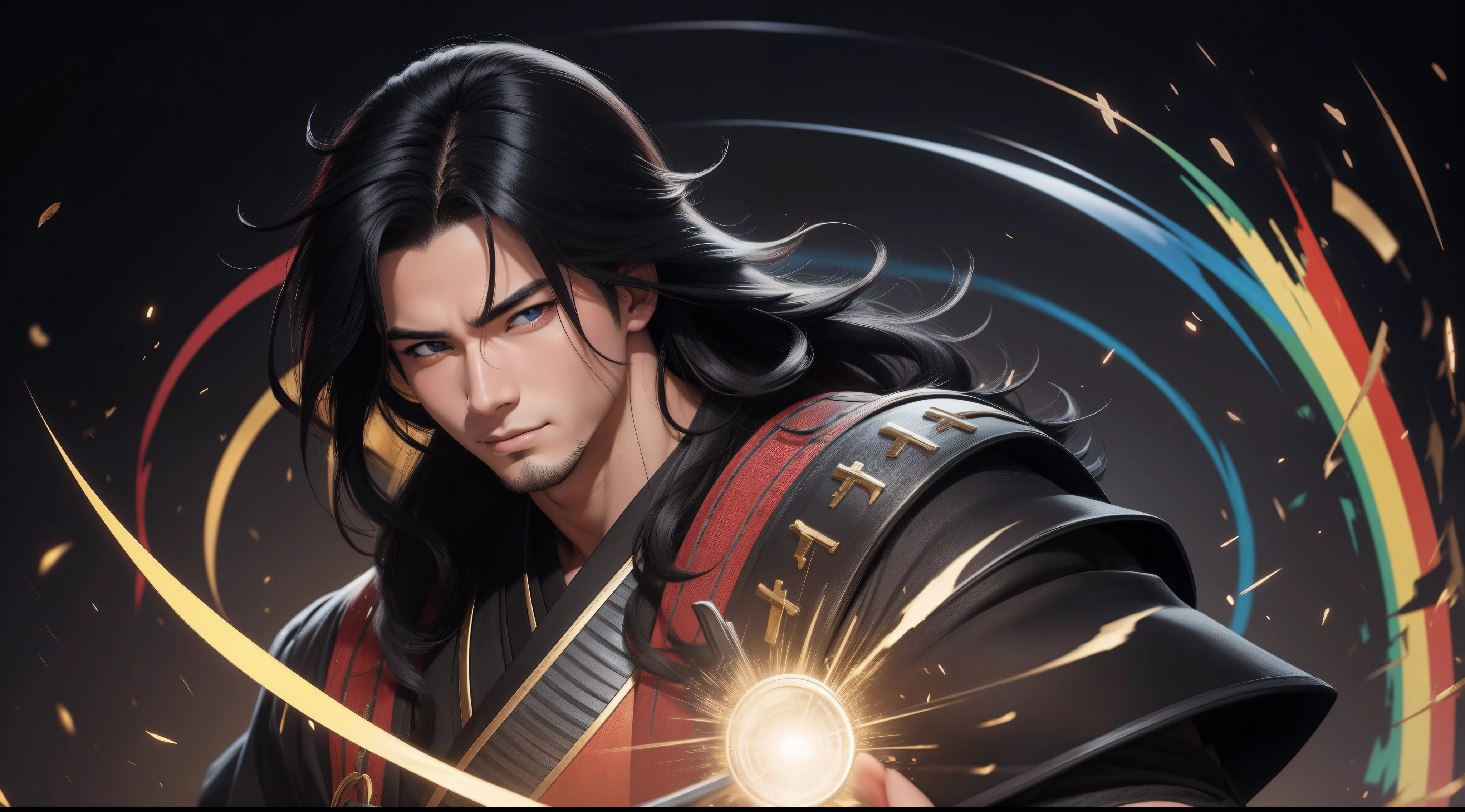 "Cheerful Madara 20 years old is a real masterpiece with masculine beauty, perfect anatomy. Olpntng style, colorful rainbow, black samurai outfit, clean design, epic Instagram, artstation, full streaks of colored paint, circles, outlines. When you look at his beautiful eyes, you will clearly see every little detail and perfect line, every detail on the skin is beautiful in 8K quality, people We will be captivated by the confidence radiating from every look. His head has black hair and his face is drawn meticulously in every detail with 8K image quality.''