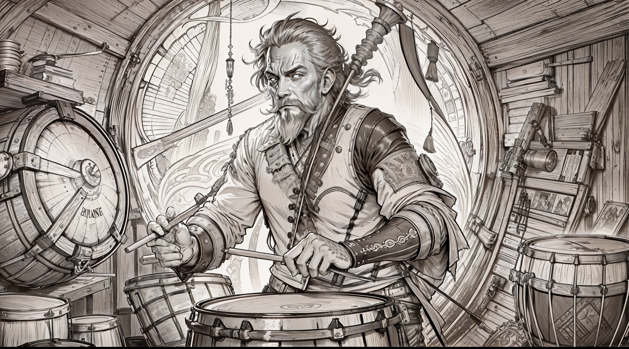 Middle-aged man holding a drum stick。a pirate,leather clothes,ripped jeans。Play a drum kit in the cabin。frenzied,Rock。An Alphonse Mucha's(Alphonse Mucha)Art of,sketching,Character lines and scenes without colors and shadows。 (tmasterpiece,best qualtiy,A high resolution:1.4),the detail,complexdetails,4K。