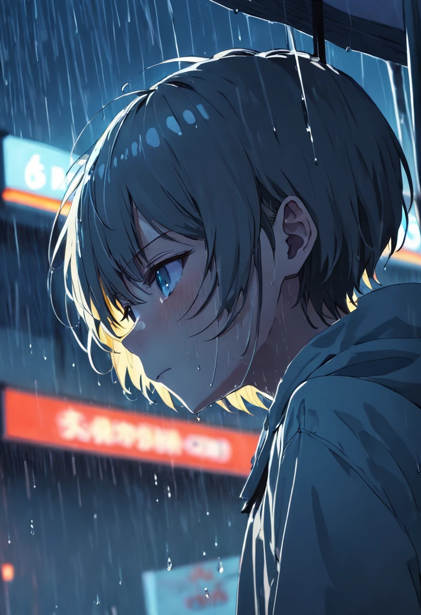 rainy days,Dim Room,Faint lighting,A boy was crying,bob hair cut,