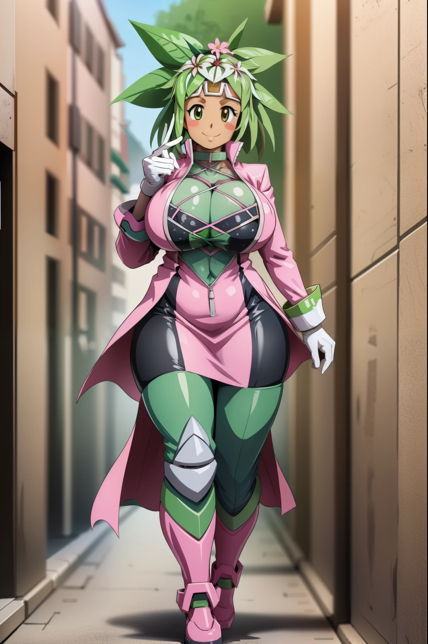 kanna blaster master, flora fauna, female,, huge chest, full clothed dress, walking, full body,smile