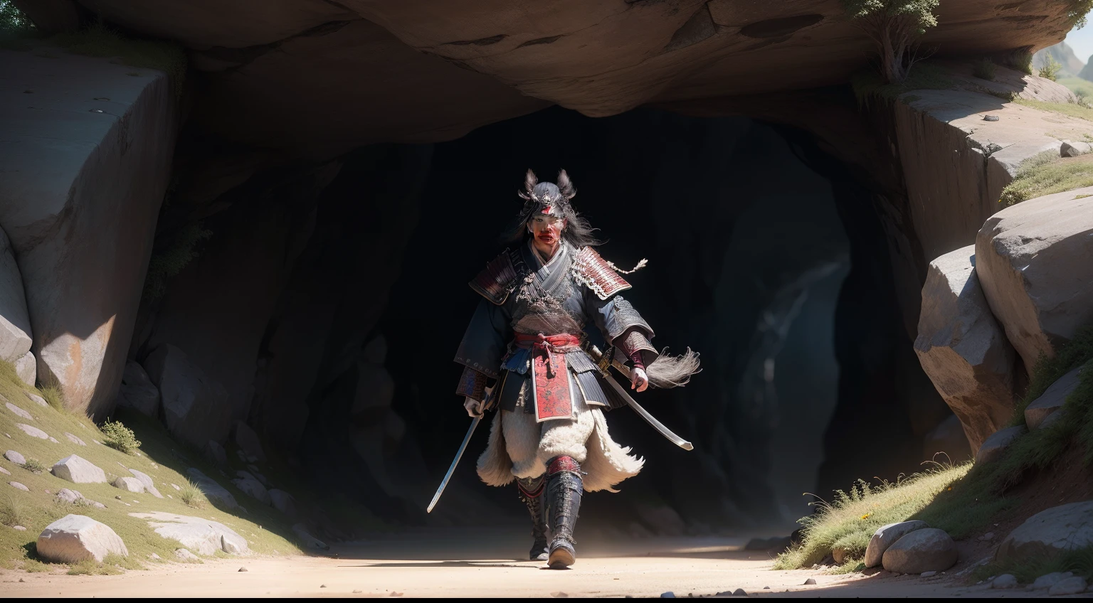 create a realistic image of a samurai arriving in a cave