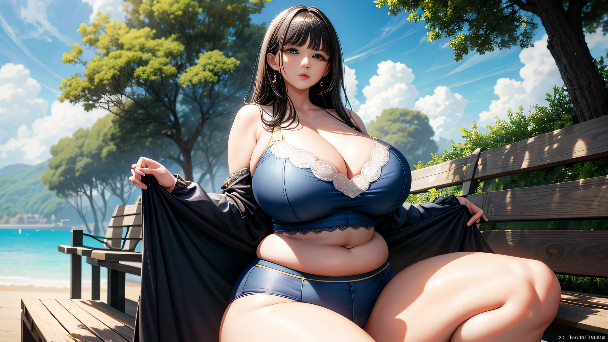 Big breasts, 1girll, ((Black hair, White highlights, Short Chanel with bangs)) ((25 year old girl)) light yellow eyes, Has an extremely sexy body, Plump breasts and slender waist, and extremely sexy body, Light blue dress Delicate fabric, Bold look. Young, quality, Realistic, Best quality, adorable expression, Blue lipstick lips, parted lip, park, bench, Sitting, Plaza，,thick thight，The thighs are fat，The thighs are thick，Flushed face,Tear open the front of the garment to reveal the breasts, （The breasts and vaginal lips are visible through the underwear： 1.5）， Areola Clearly Visible， (Thin areola)， Areola, Inner seam, Natural(:1.25),cleavage，（no brassiere）， （with no underpants）， （Exposed ass） ,The chest is huge， （Protruding swollen breasts are particularly massive），Beautiful big breasts, (Big breasts: 1.6)、 (Mature breasts: 1.7), (Chubby breasts: 1.4)、huge tit、Huge tits、gigantic cleavage breasts、Large breasts、Big breasts Thin waist、Slim waist、Tight waist,Giant buttocks、gigantic hip、Large buttocks、裸女生