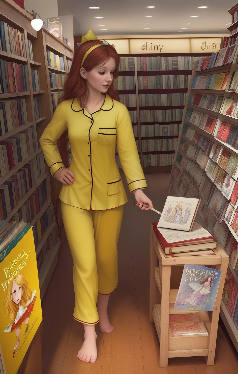 line drawing, fairy tales, Pajamas, books,Bookstore,ketchup,mustard,shops, Ordinary woman in her 20s, Fantasy,staff,guest,dream,department store,showcase