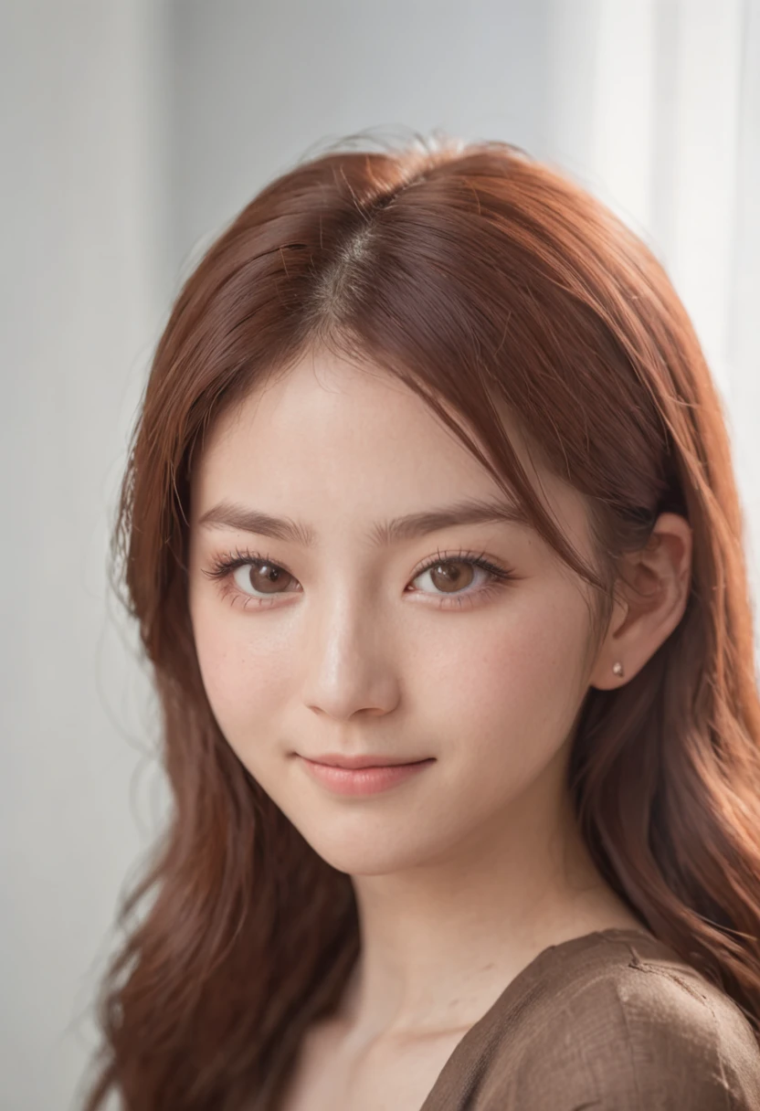 Japan teenager at 18 years old,Starry eyes,reddish brown hair,Close-up of the shot、A smile