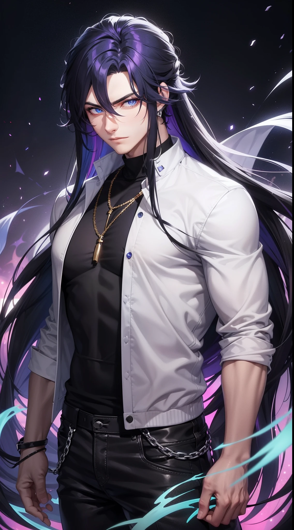 Young adult Male with black long hair up, magical blue eyes, glowing eyes, handsome, wild hair, purple ombre, wearing casual clothes, handsome, sharp eyes, heterochromia