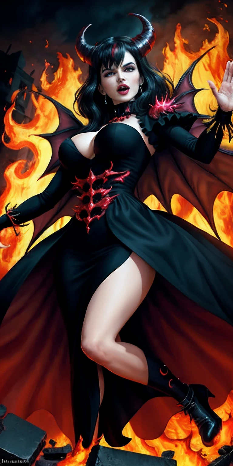 Ultra-detailed Lisa Ann stands atop a pile of burning ruins, Her diabolical and insidious presence radiating from her dark crown and black and red evil queen dress....... Her demon wings on her back and demon horn give her an invincible aura as she unleashes a powerful wave of destruction with a single gesture............