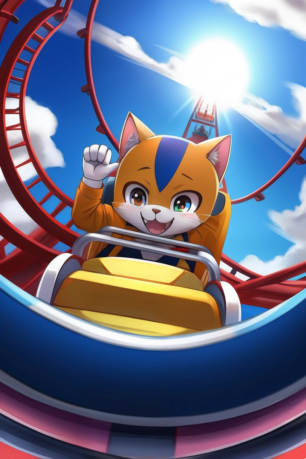Cat playing on roller coaster、The moment you fall to the top