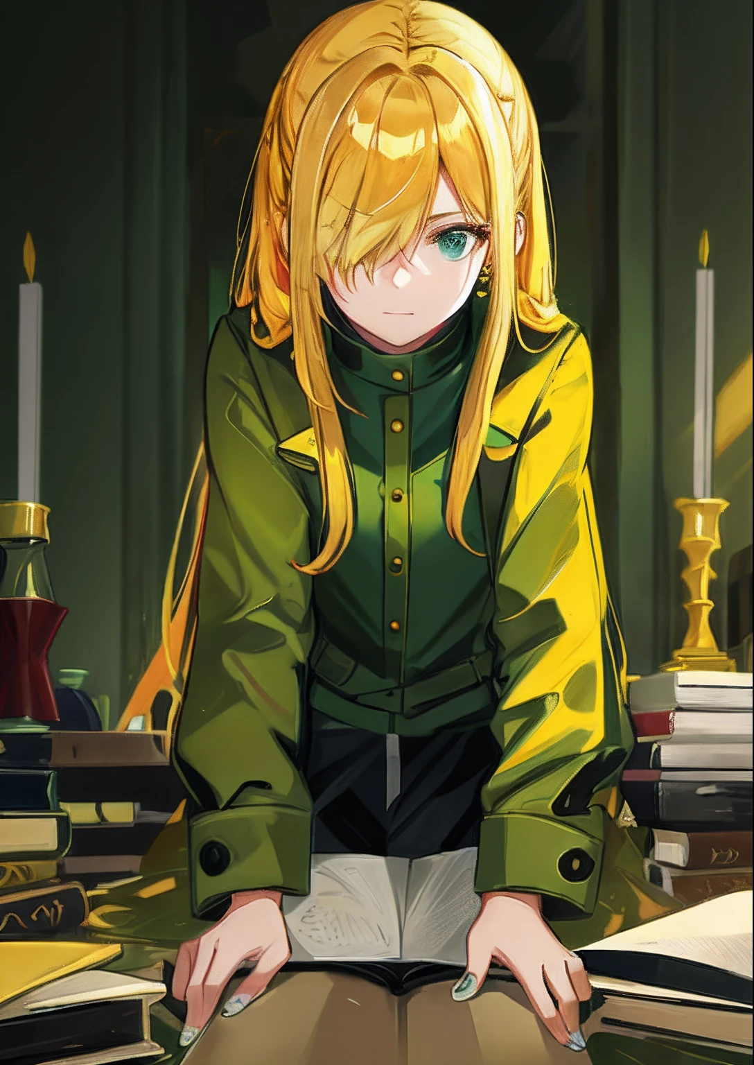 golden hair,Two ponytails,Green coat,Cool girl,