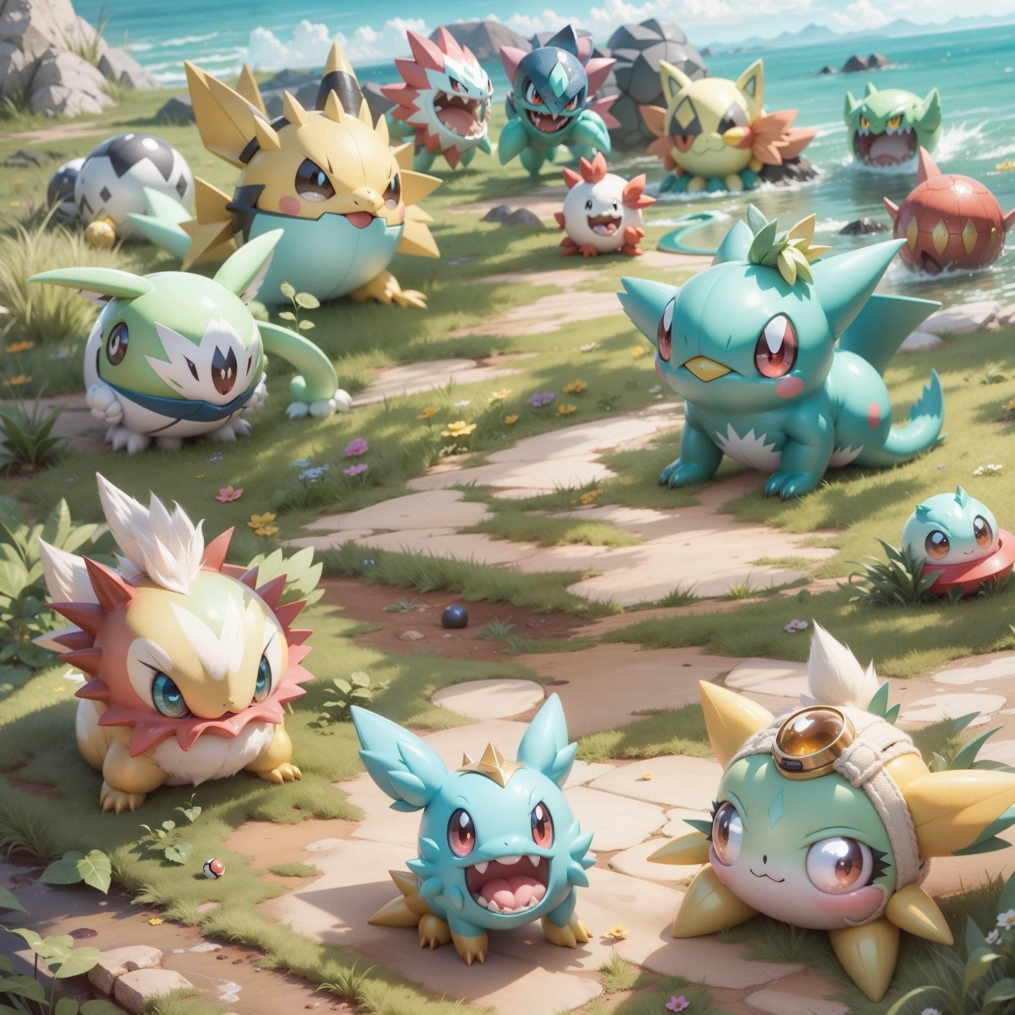 Pokemon masters that have appeared in the real world, new species of Pokemon that have come out of monster balls, cute Pokemon, monster balls, legendary Pokemon, unimaginably beautiful natural backgrounds, high-level image quality, high quality, realism,