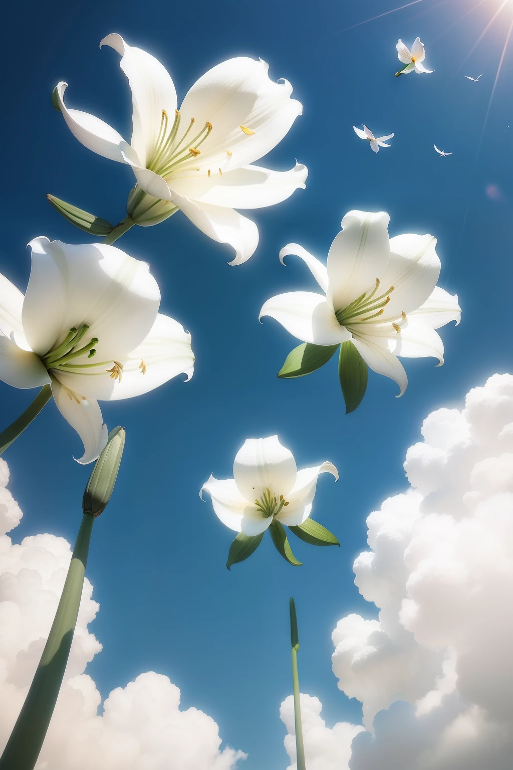 White lilies flying in the sky