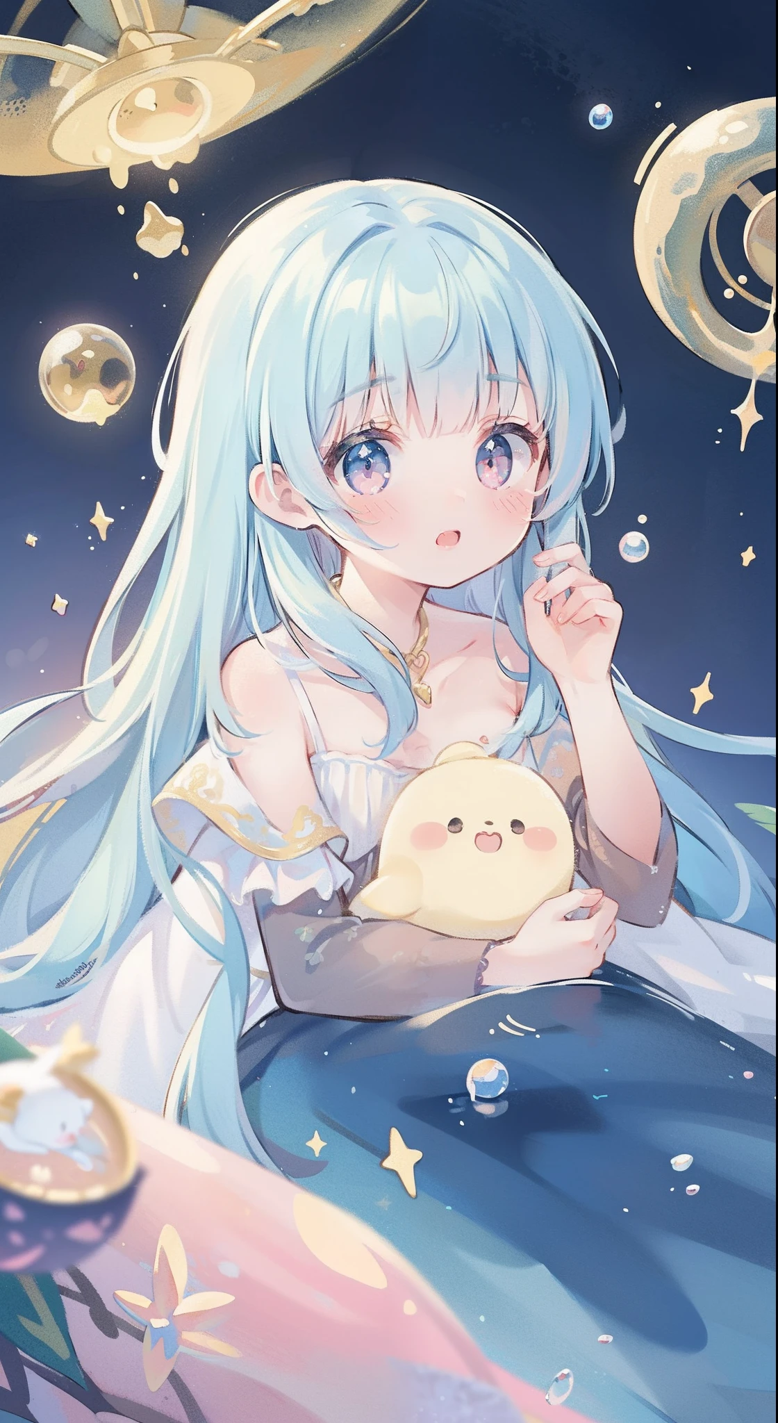 masterpiece, best quality, 8k resolution, sharp focus, intricate detail, beautiful girl, sparkling eyes, golden ratio face, otherworldly liquid, watercolor, pastel colors, bright colors, whimsical, colorful, sharp focus, high resolution, fine detail, princess fantasy ballgown, ((round eyes)), iridescent bubbles