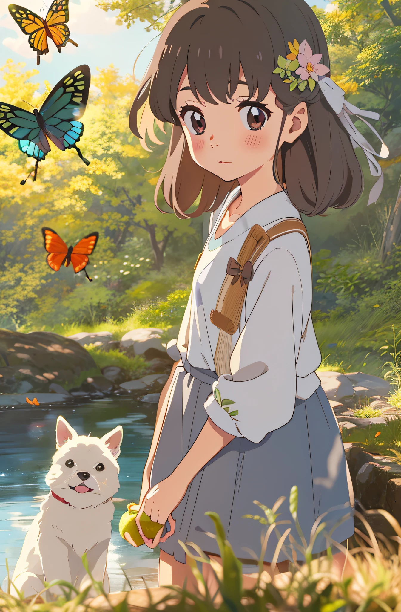 Ghibli colors, Cinematic lighting effects, Scene of country children playing by the river，There are fruits and vegetables，There are puppies，There are butterflies，Super healing，in style of hayao miyazaki，（Sunshine 1.1）closeup cleavage，tmasterpiece，Super light and shadow，Super textured