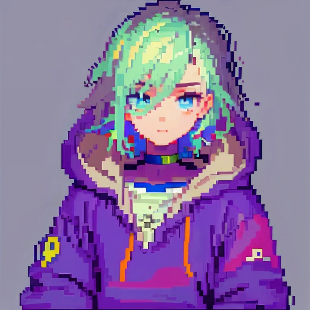((The style of pixel art)), pix, 4-bit pixel art, 1 Boys close, Face only, Beige hair, blue hairs, Blue eyes, choker necklace,Loose hoodie,Black hoodie, Pixel official art, absurd res, view the viewer, solofocus, Dynamic Angle, Head tilt, , Ultra-fine pixel art