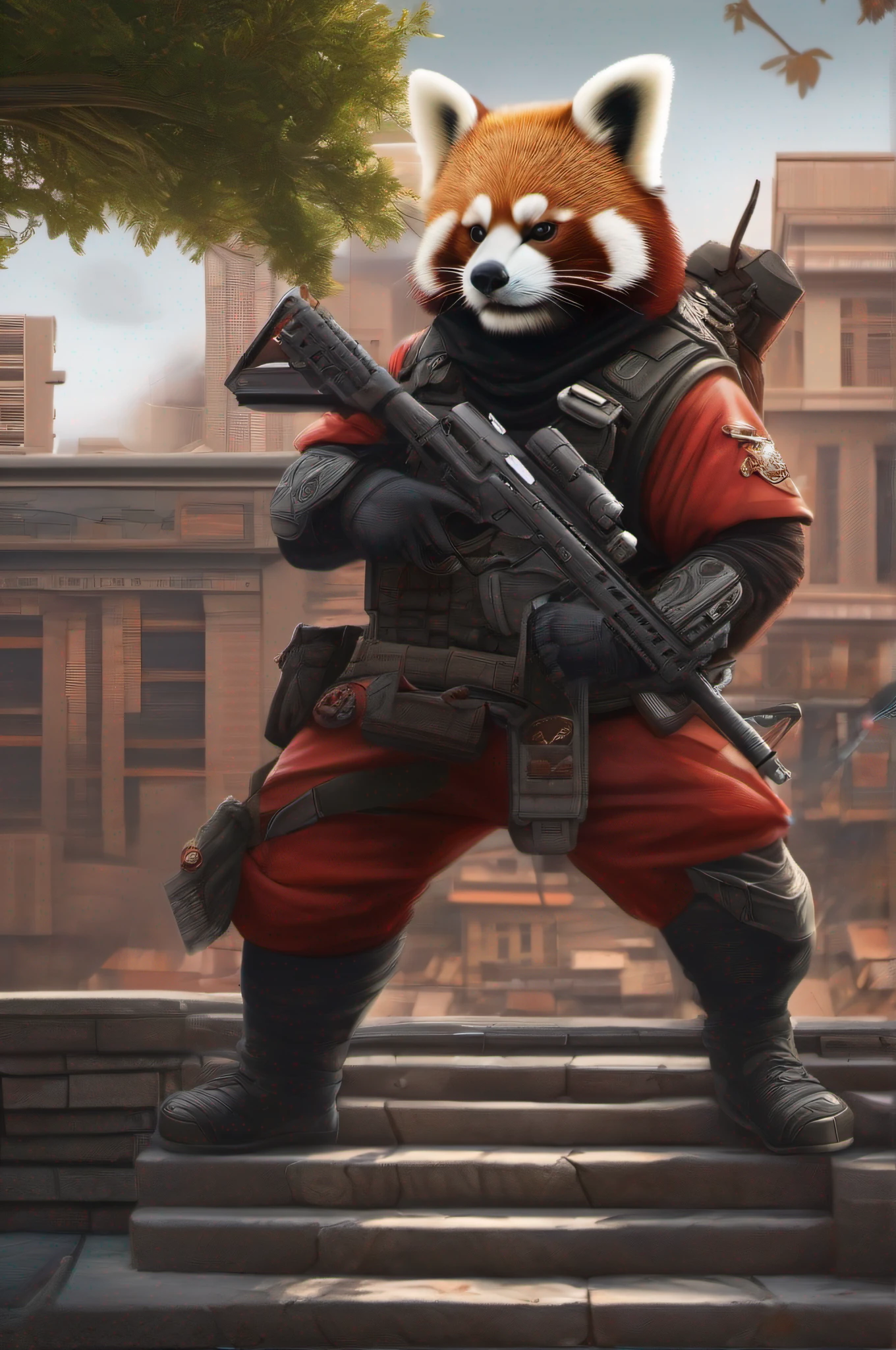a red panda ninja with a gun and tactical gear on the top of the building, hyper realistic art