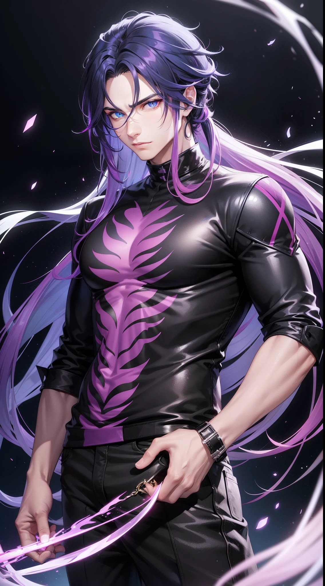 adult Male with black long hair up, magical blue eyes, glowing eyes, handsome, wild hair, purple ombre, wearing casual clothes, handsome, sharp eyes, heterochromia, one pink eye