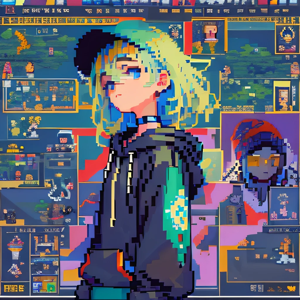 ((The style of pixel art)), pix, 4-bit pixel art, 1 Boys close, Face only, Beige hair, blue hairs, Blue eyes, choker necklace,Loose hoodie,Black hoodie, Pixel official art, absurd res, view the viewer, solofocus, Dynamic Angle, Head tilt, , Ultra-fine pixel art