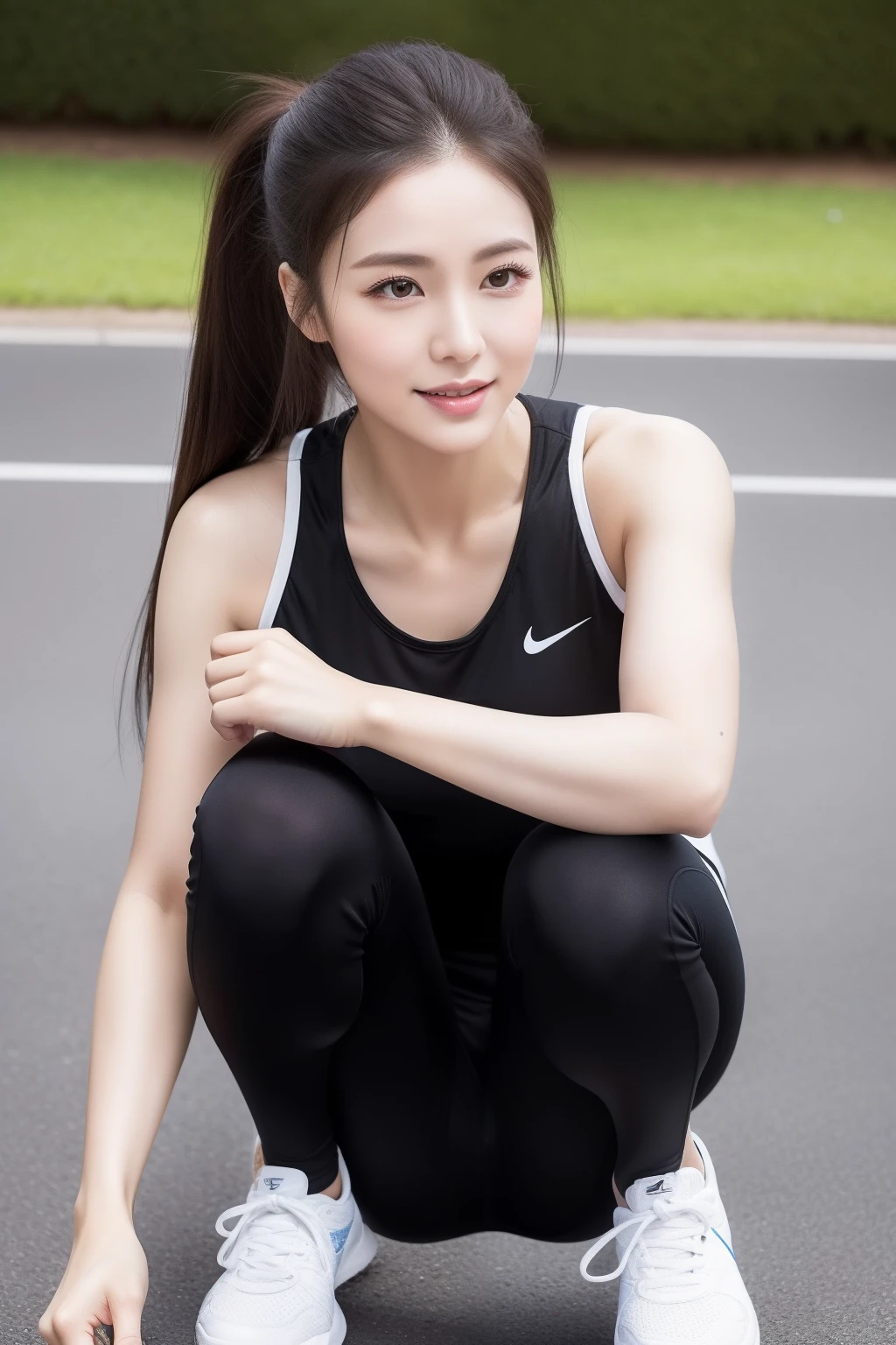 ((8k，A high resolution，Very detailed faces，Intricate details throughout the body，动态照明，photography of，poster for))
Goddess of fitness in the gym，Her tall and well-proportioned body is full of strength and vitality。Her long brown hair was tucked up by a thin headband，The refreshing forehead is exposed，Highlights her healthy skin。Her eyebrows were picturesque，The slender and charming eyes reveal confidence and determination。
She wears elaborate makeup，But not bright。Foundation utilises maximum preservation of the skin's natural texture，Eyebrows are finely trimmed，Highlight her eyes。The eyeshadow is a natural brown color，It highlights the brightness and spirituality of her eyes。Her eyelashes are thick and upturned，Accompanied by slightly upturned black eyeliner，It adds a deep charm to her eyes。
She wears a well-fitting and simple set of fitness equipment，Shows her strong physique。A fitted black sports vest perfectly frames her curves，Highlights her toned figure。She paired it with a pair of tight black sweatpants，Showing the long, straight legs。White sneakers are the choice at her feet，Give her comfortable support，Perfect for all kinds of sports。
She wears a simple and sophisticated sports watch on her wrist，The data for every exercise was calculated for her。She also wears a thin silver necklace，Understated and elegantly adorned her neck。She wears a pair of black sports headphones，Enjoy inspiring music，Give her more motivation。
Overall，She presents an image of health and vitality，Her appearance, makeup and clothing details all reflect her dedication and pursuit of fitness and self-image。Whether it's the sweat in exercise or the twinkling determination in her eyes，All made her a true goddess in the gym。