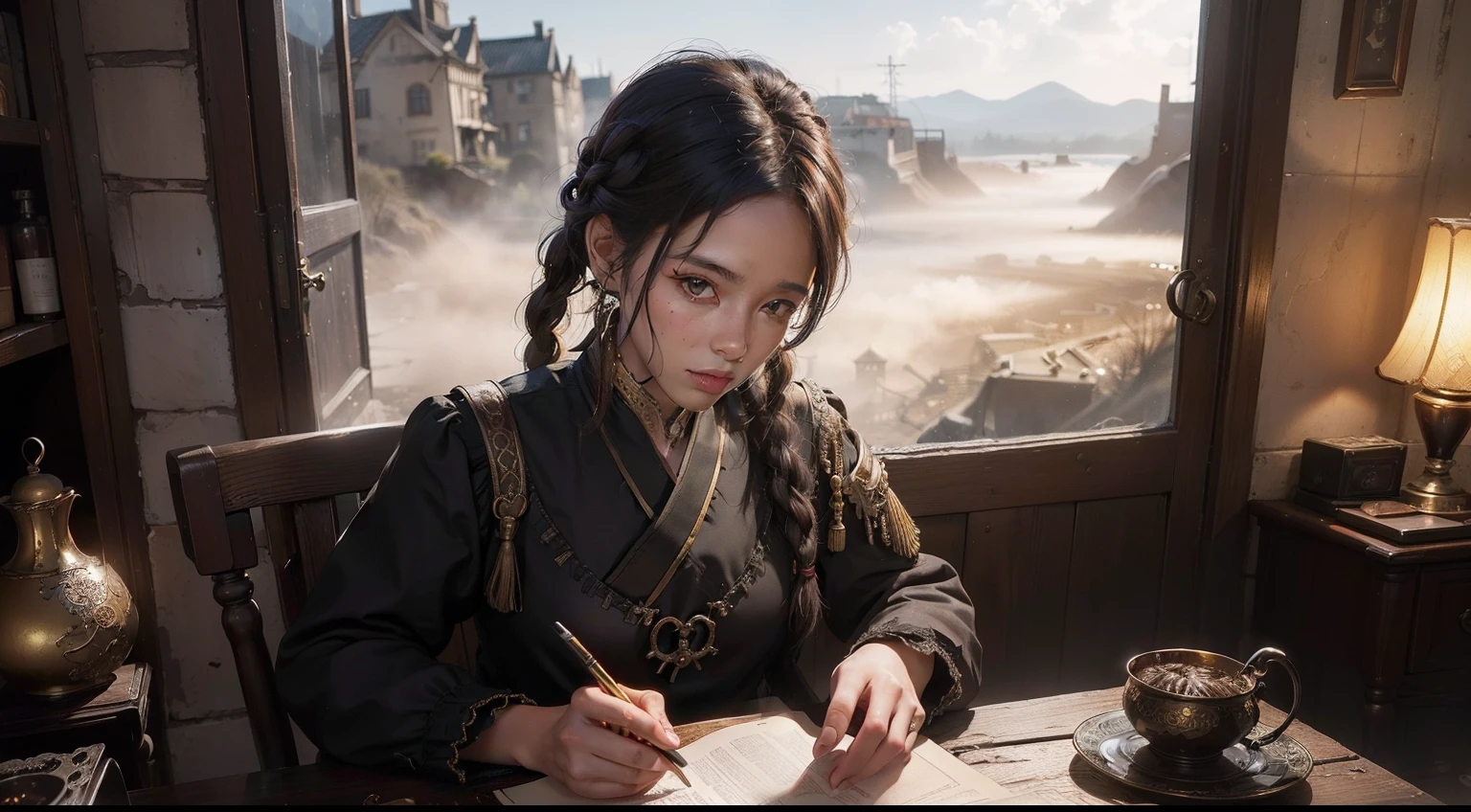 (realisitic,Photorealsitic:1.4),(1 beauty:1.3),(beautiful countenance:1.5),Detailed shiny skin,A detailed eye,Precise hands and fingers,8K HDR, , masterpiece, (Dynamic Angle Video),电影灯光, Finely drawn backgrounds,(steampunc,Decadent,scientific fiction,mud, Dust and dirt,Traces of war:1.2)Beautiful African,Black skin,Black skin,Brown-skinned,red eyes,homework,Golden bristles,Braided hair,Old castle,Ecstatic,Composition looking down from above