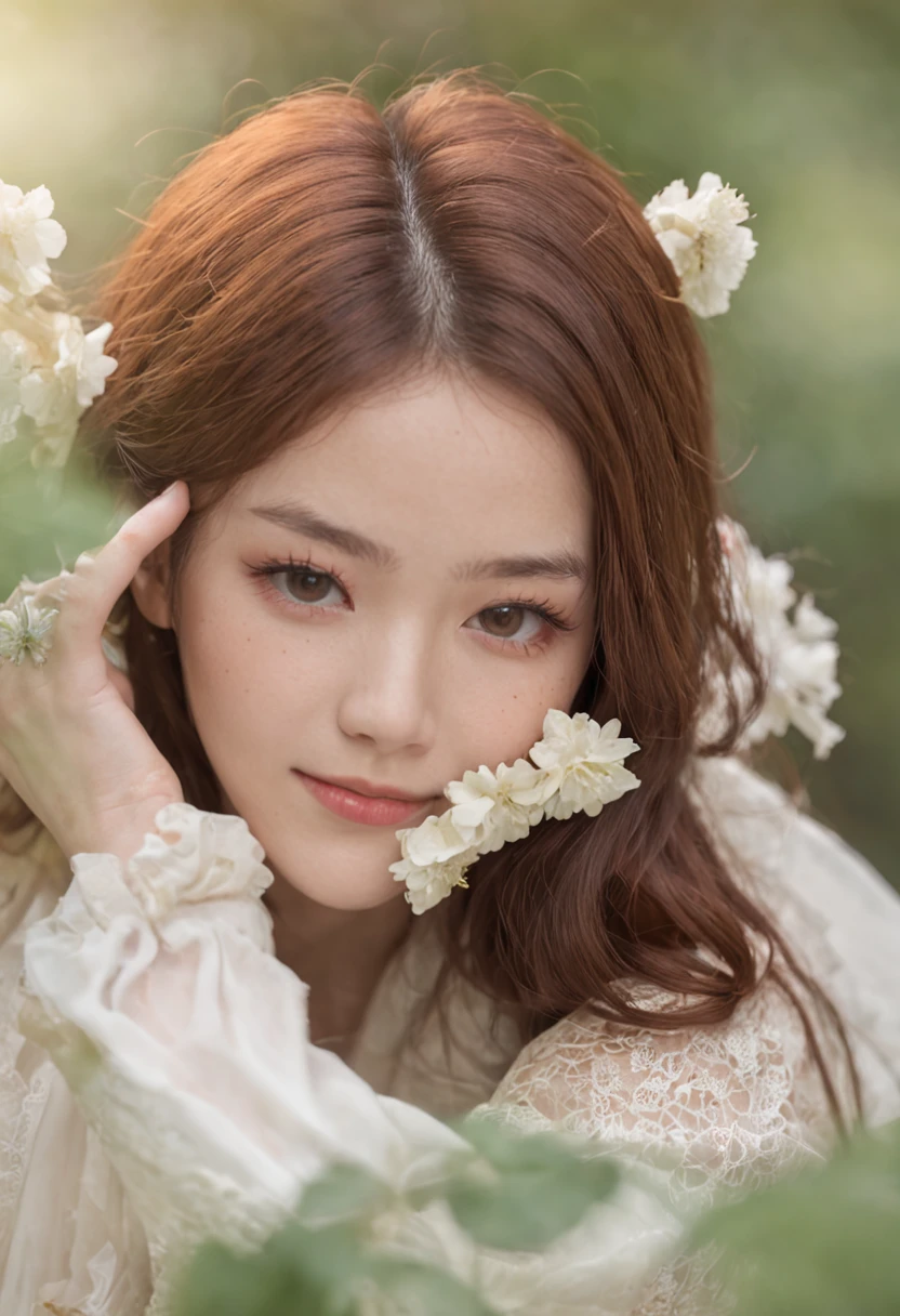 18-year-old Japan teenager,Starry eyes,reddish brown hair,Close-up of the shot、A smile、The upper part of the body