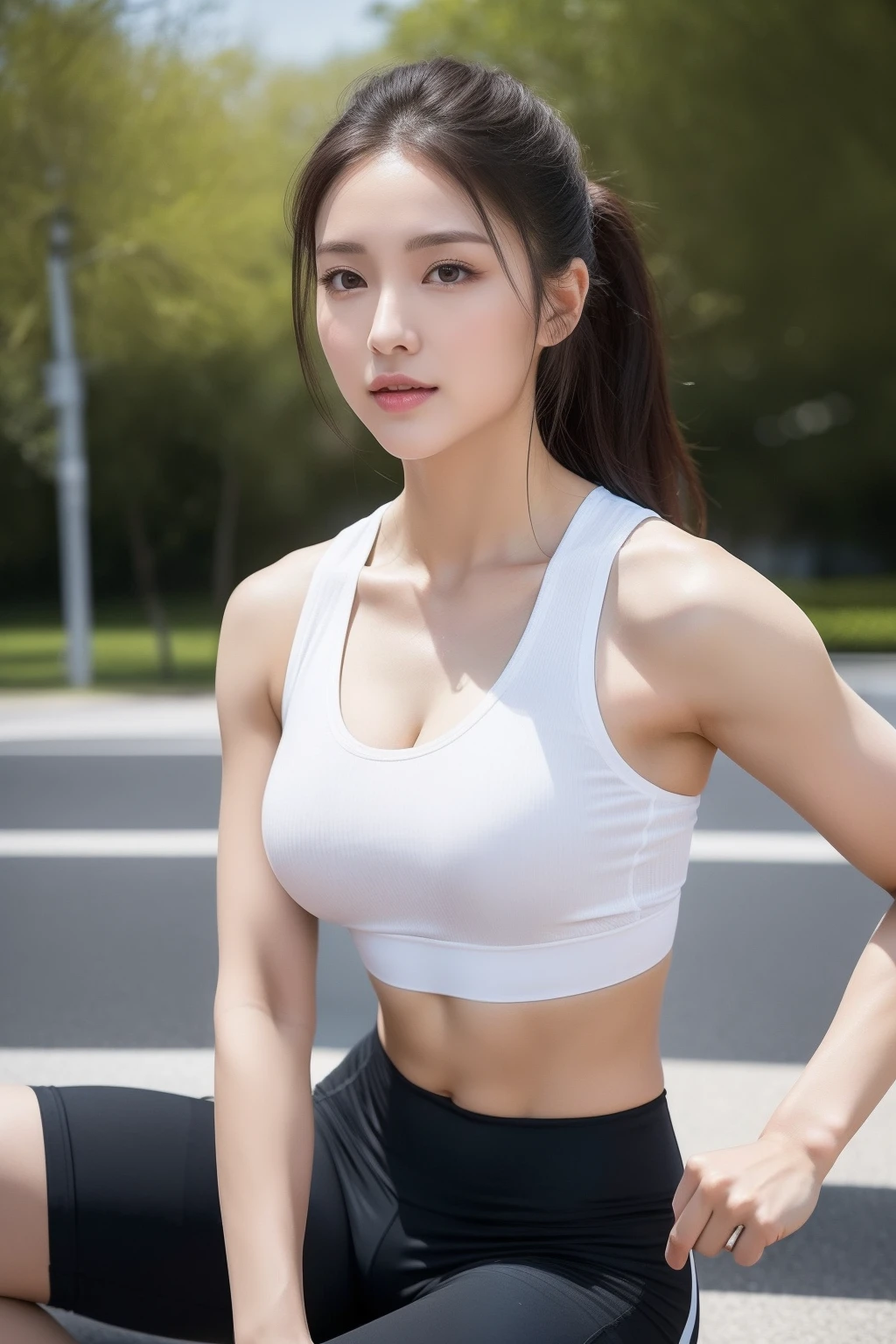 ((8k，A high resolution，Very detailed faces，Intricate details throughout the body，动态照明，photography of，poster for))
Goddess of fitness in the gym，Her tall and well-proportioned body is full of strength and vitality。Her long brown hair was tucked up by a thin headband，The refreshing forehead is exposed，Highlights her healthy skin。Her eyebrows were picturesque，The slender and charming eyes reveal confidence and determination。
She wears elaborate makeup，But not bright。Foundation utilises maximum preservation of the skin's natural texture，Eyebrows are finely trimmed，Highlight her eyes。The eyeshadow is a natural brown color，It highlights the brightness and spirituality of her eyes。Her eyelashes are thick and upturned，Accompanied by slightly upturned black eyeliner，It adds a deep charm to her eyes。
She wears a well-fitting and simple set of fitness equipment，Shows her strong physique。A fitted black sports vest perfectly frames her curves，Highlights her toned figure。She paired it with a pair of tight black sweatpants，Showing the long, straight legs。White sneakers are the choice at her feet，Give her comfortable support，Perfect for all kinds of sports。
She wears a simple and sophisticated sports watch on her wrist，The data for every exercise was calculated for her。She also wears a thin silver necklace，Understated and elegantly adorned her neck。She wears a pair of black sports headphones，Enjoy inspiring music，Give her more motivation。
Overall，She presents an image of health and vitality，Her appearance, makeup and clothing details all reflect her dedication and pursuit of fitness and self-image。Whether it's the sweat in exercise or the twinkling determination in her eyes，All made her a true goddess in the gym。