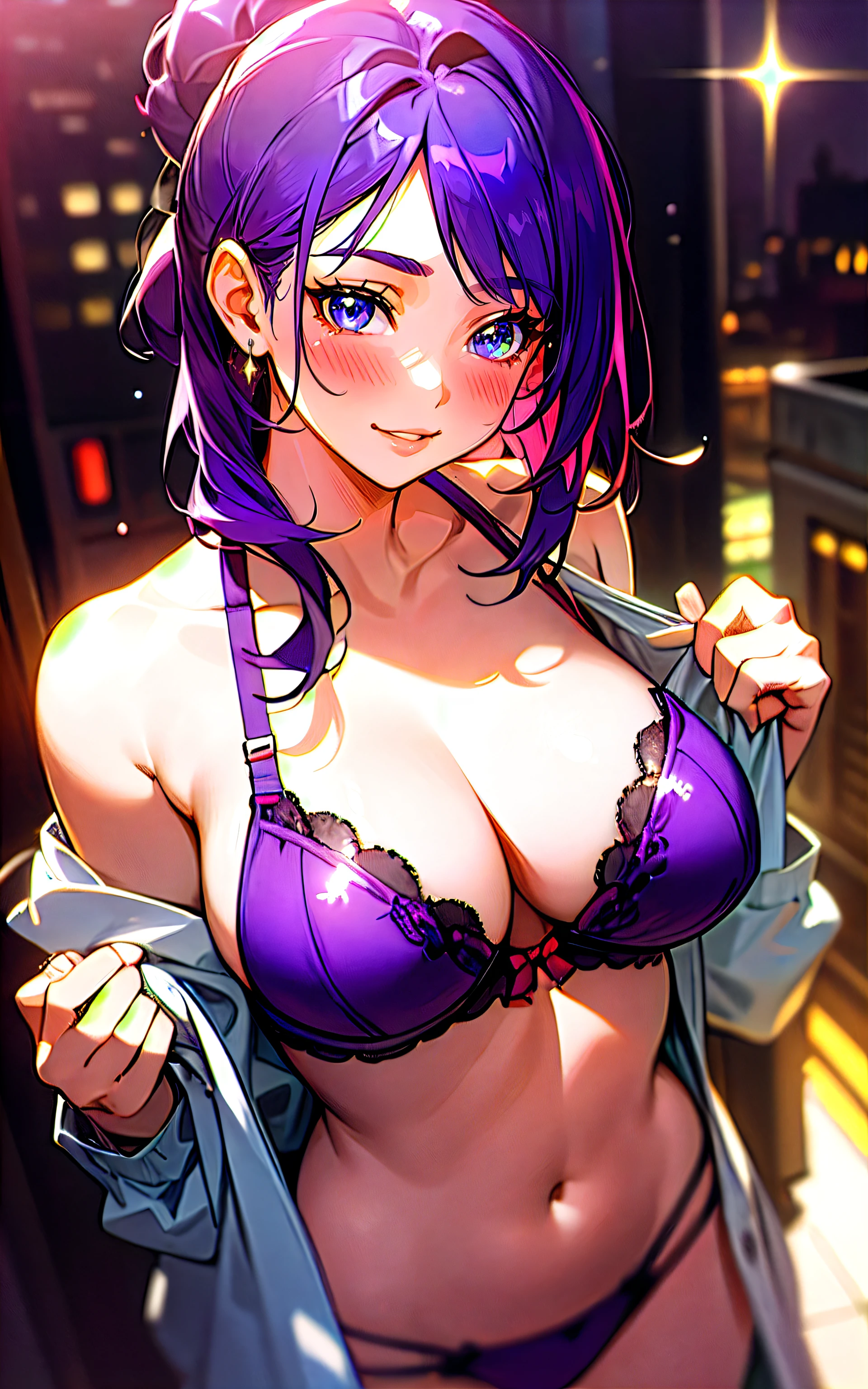 (Original Character、Unity 16K wallpaper, Masterpiece, Best quality, Ultra-detailed, Extremely detailed, Caustics, Cinematic lighting, Detailed, Beautiful detailed eyes), 超高分辨率, Fine skin, (Busy city:1.2、Strong light,30 years old,,glitters、Blush、Show off sexy bras,bust up、Cowboy shot:1.2)、(Illuminate the subject、Undressing,Open clothes、above chest),Casual、cleavage, purple hair, juicy lips, big tits, smile