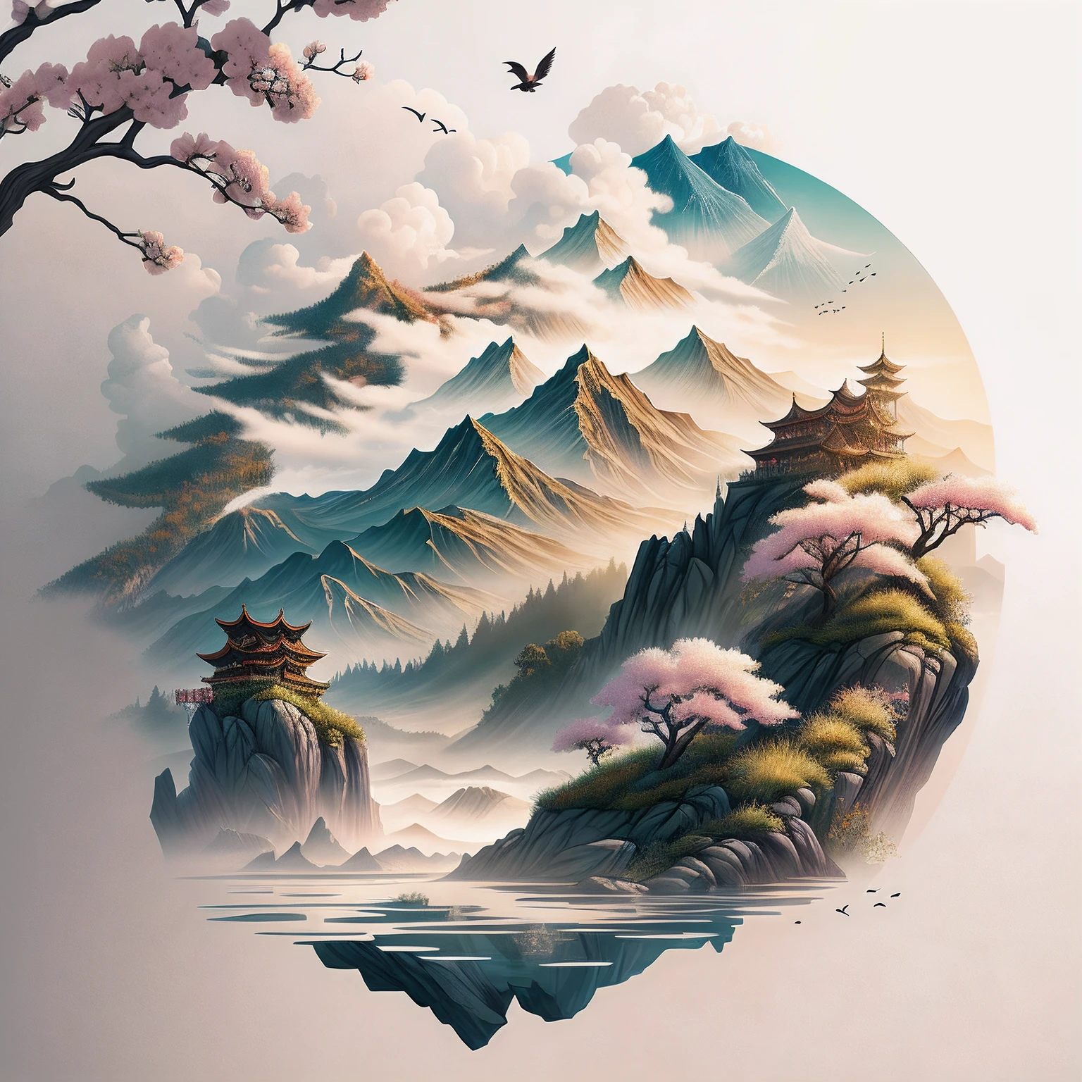 drak,chinesedragon,lakes,peach blossom,mountain scene, clouds,mist,The bird,4k highly detailed digital art, Beautiful Art UHD 4K,detailed digital artwork, Stunning 8K artwork, 4K detailed digital art, intricate digital painting, Highly detailed digital art, Beautiful digital artwork, high detailed digital art, scenery art detailed, digital art highly detailed, stunning digital illustration