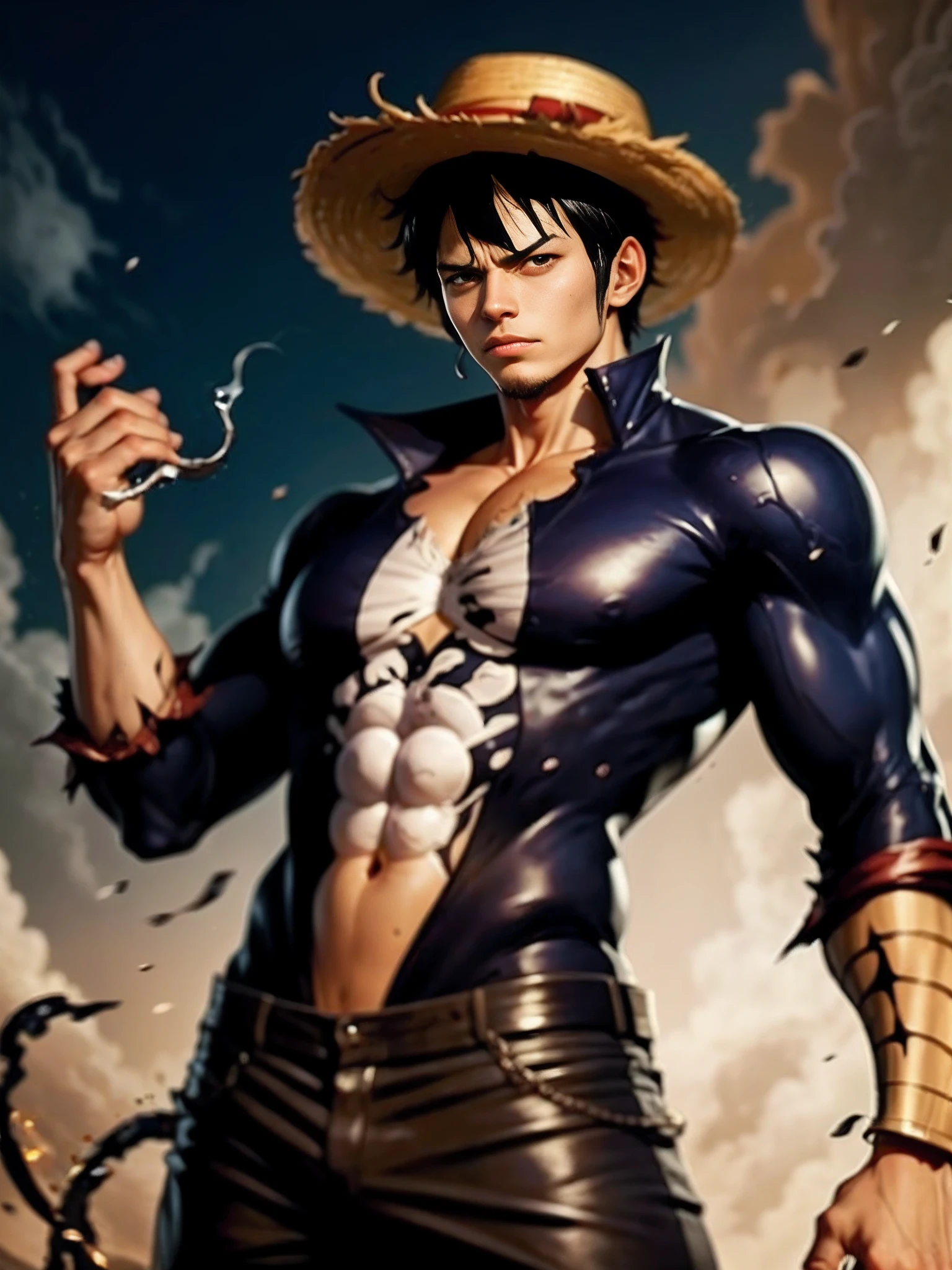 boichi manga style,  male focus, 1boy, solo, fire, open clothes, black hair, straw hat, open shirt, hat, abs, jewelry, necklace, muscular, shirt, belt, ((masterpiece)) 