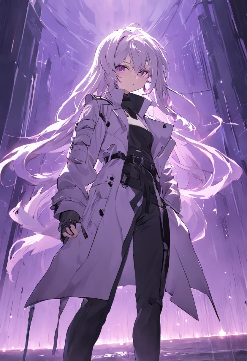 Two-dimensional woman,Long white silky hair,Bright purple pupils,White trench coat with black hard vest armor,A tactical belt hangs a black pocket,Black slim trousers with leggings,A pair of black tactical high-top boots,4k高清