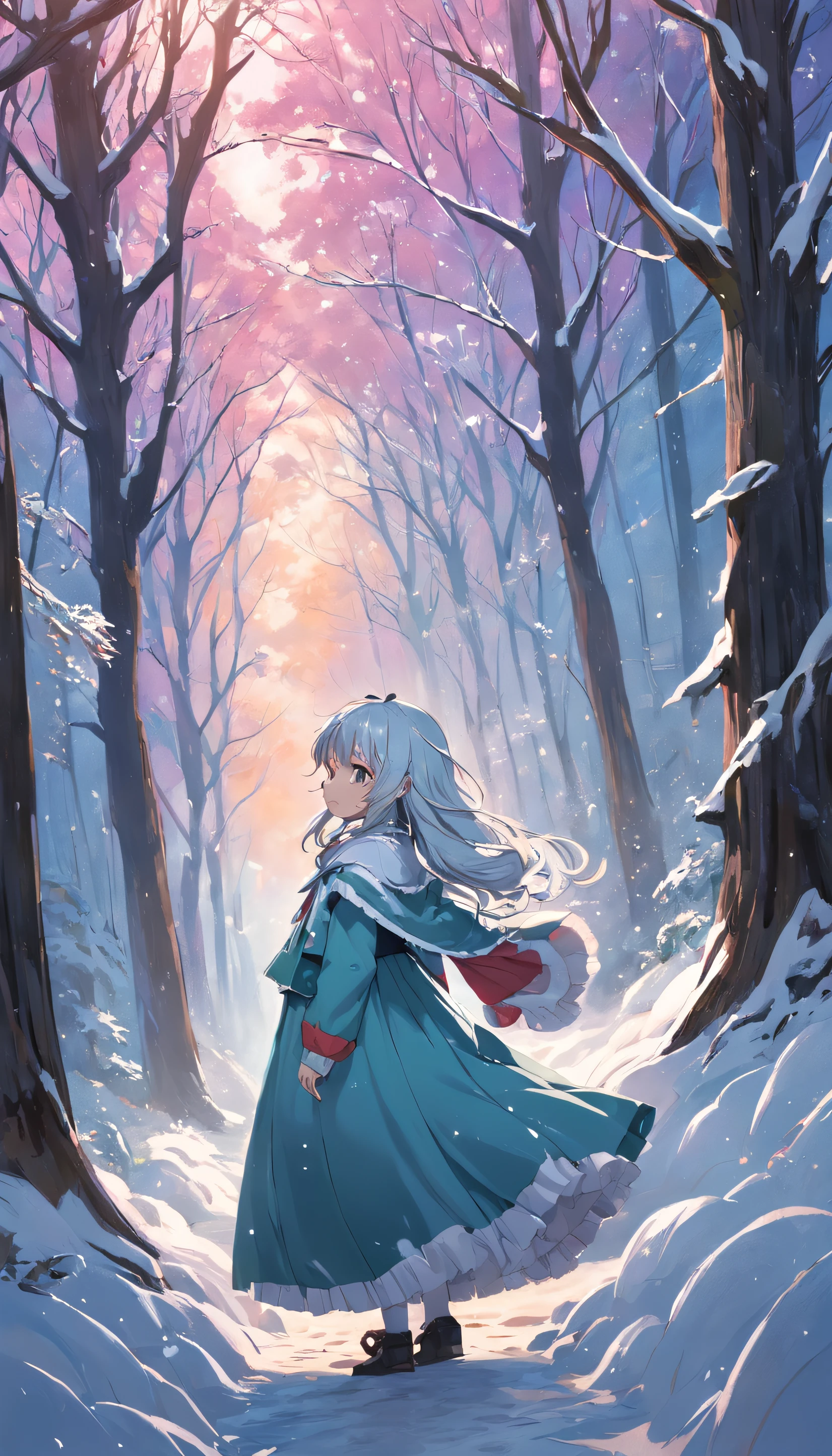 Winters，Secluded path，Snowy，the woods，girl，Snowflakes fall overhead，A gentle breeze ruffles the hair