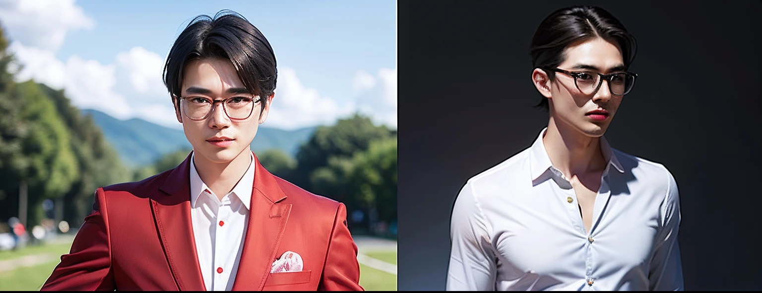 A handsome Chinese man,Wearing glasses,Wear a red suit and white shirt。Dashingly put one hand in your pocket,The other hand stroked the glasses,With a cool expression。