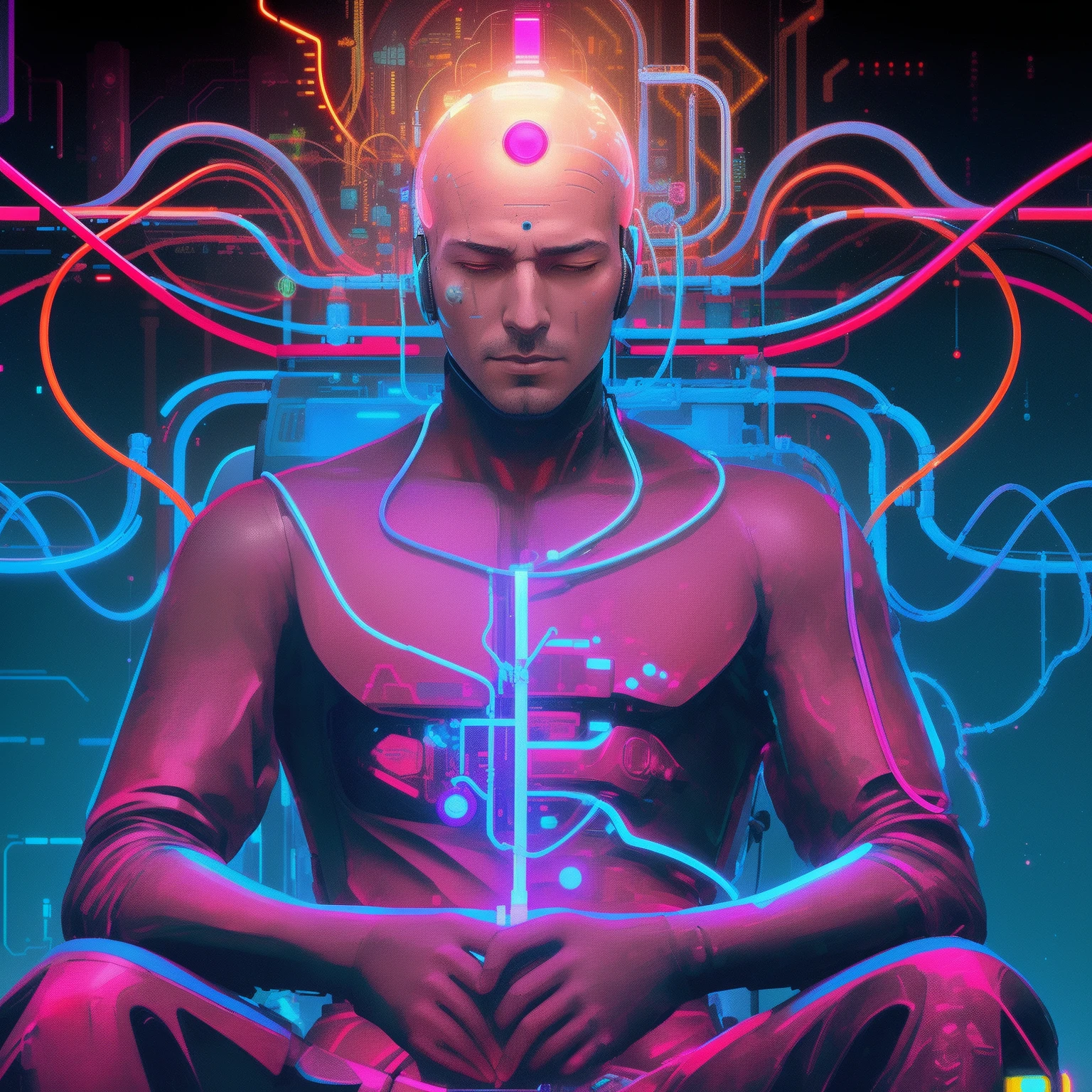 Arafed Man, sitting in a chair with a glowing brain, Zen Cyberpunk Meditation, Meditating cyborg, Psychedelic Organic Cyborg, beeple and jean giraud, Beeple Daily Art, Beeple Hybrid Mix Style, cyberpunk artstyle, beeple and mike winkelmann, Beeple artwork, advanced digital cyberpunk art